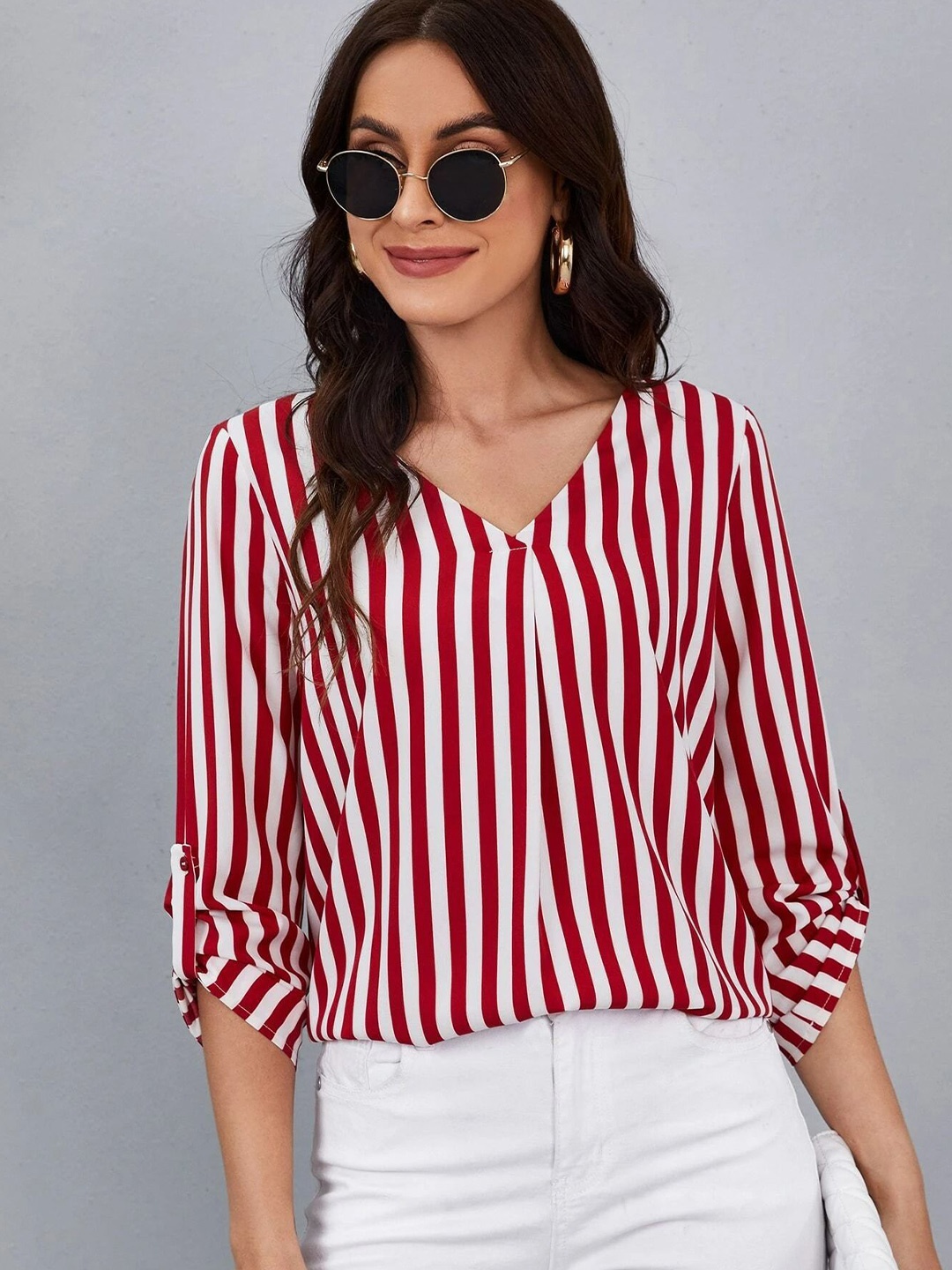 

Stylecast X Slyck Vertical Striped V-Neck Top, Maroon