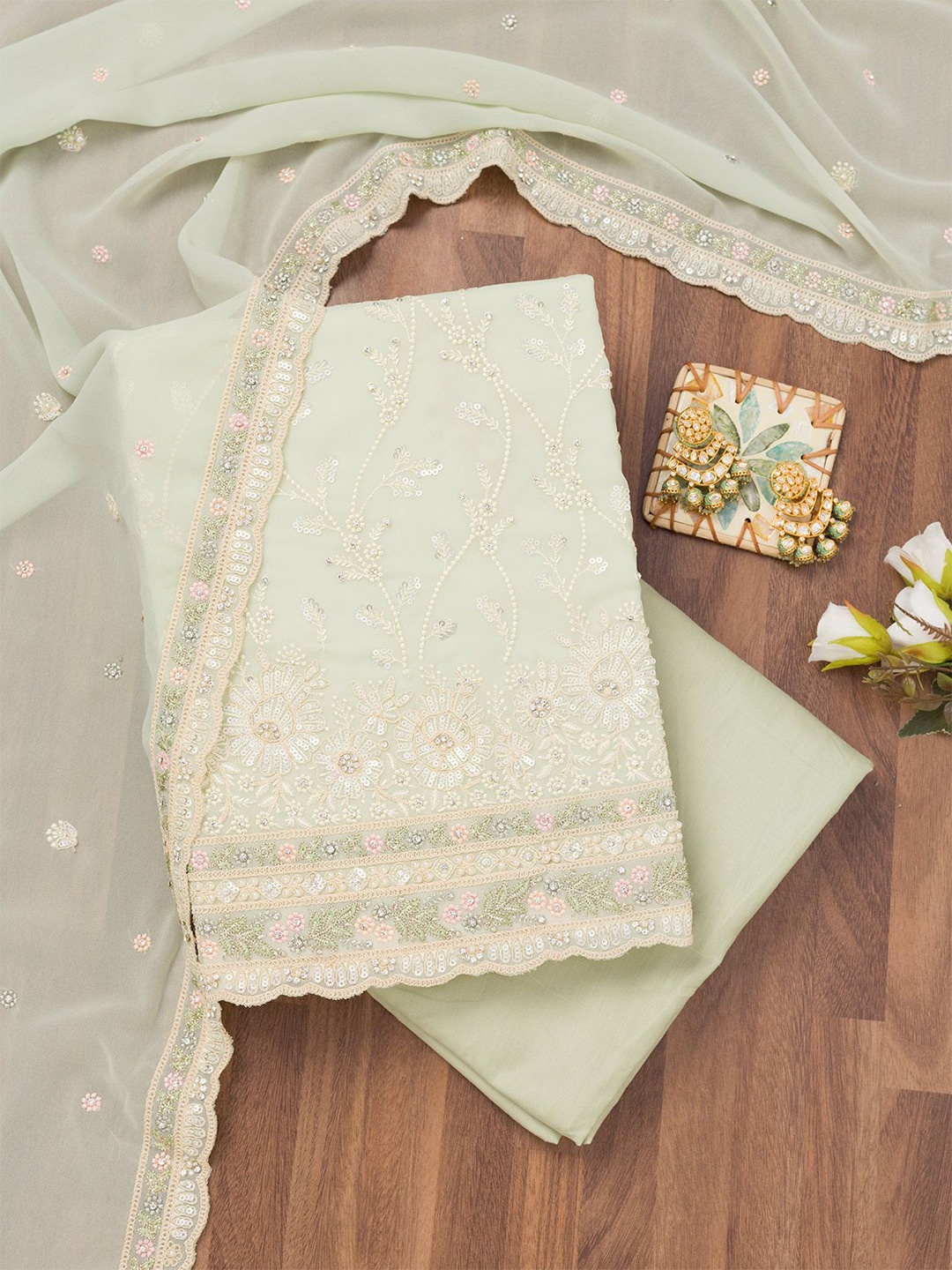 

Koskii Floral Embroidered Sequinned Unstitched Dress Material, Green