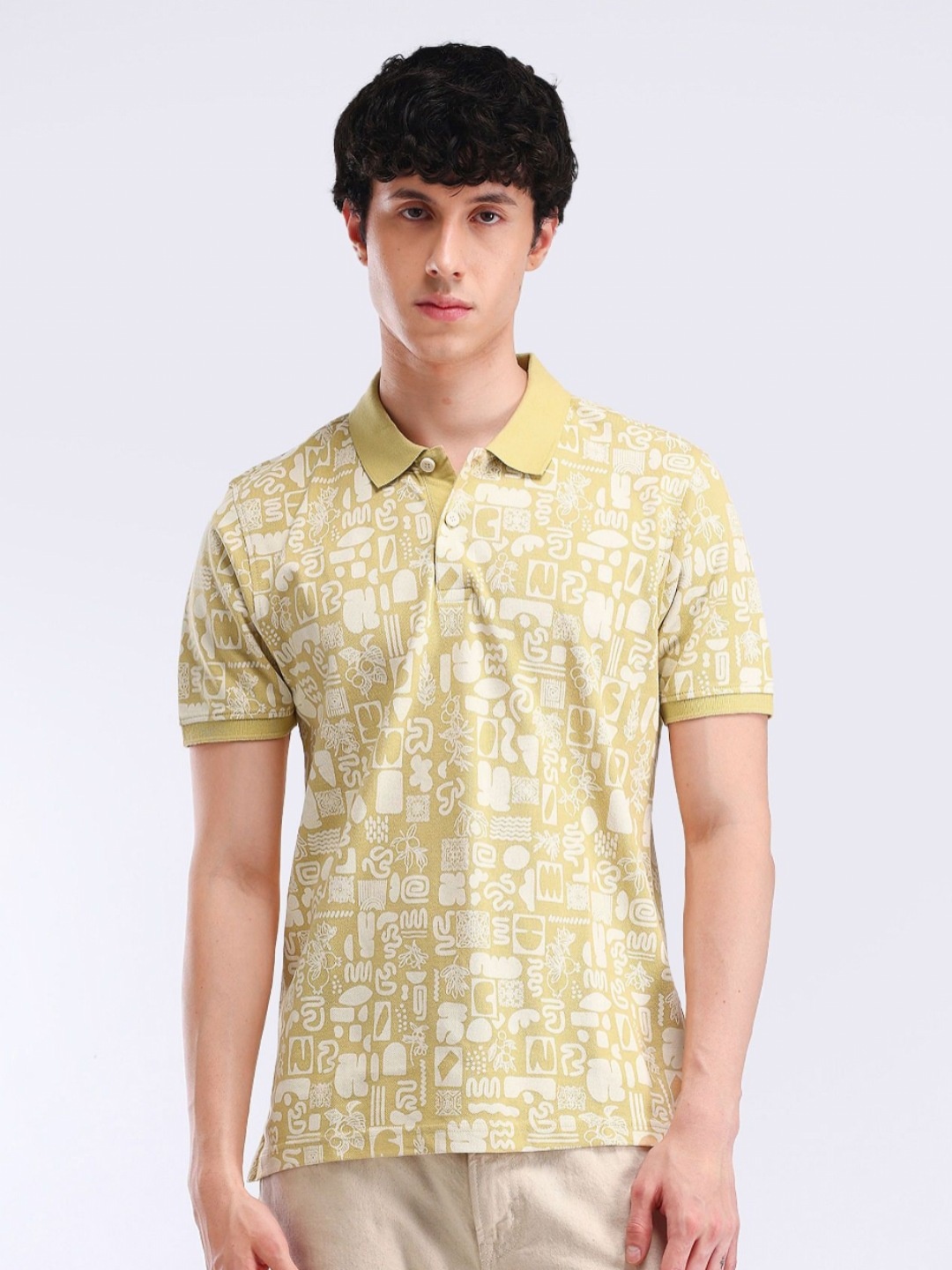 

Flying Machine Men Conversational Printed Polo Collar Cotton T-shirt, Yellow