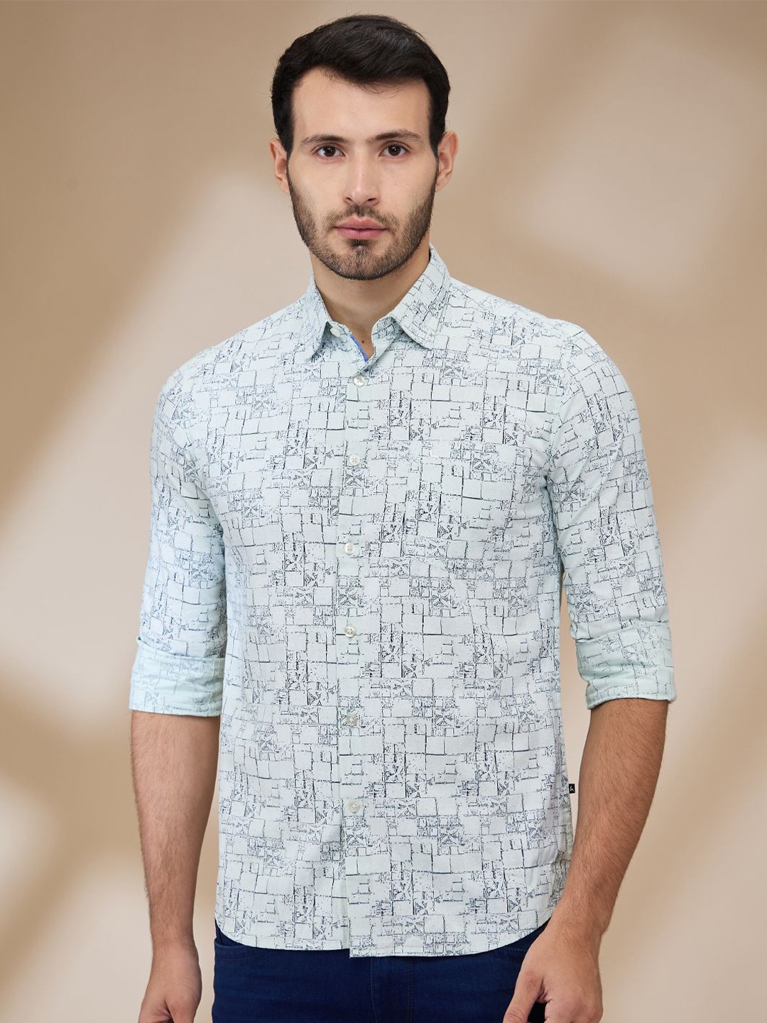 

Parx Men Spread Collar Abstract Printed Cotton Slim Fit Casual Shirt, Green