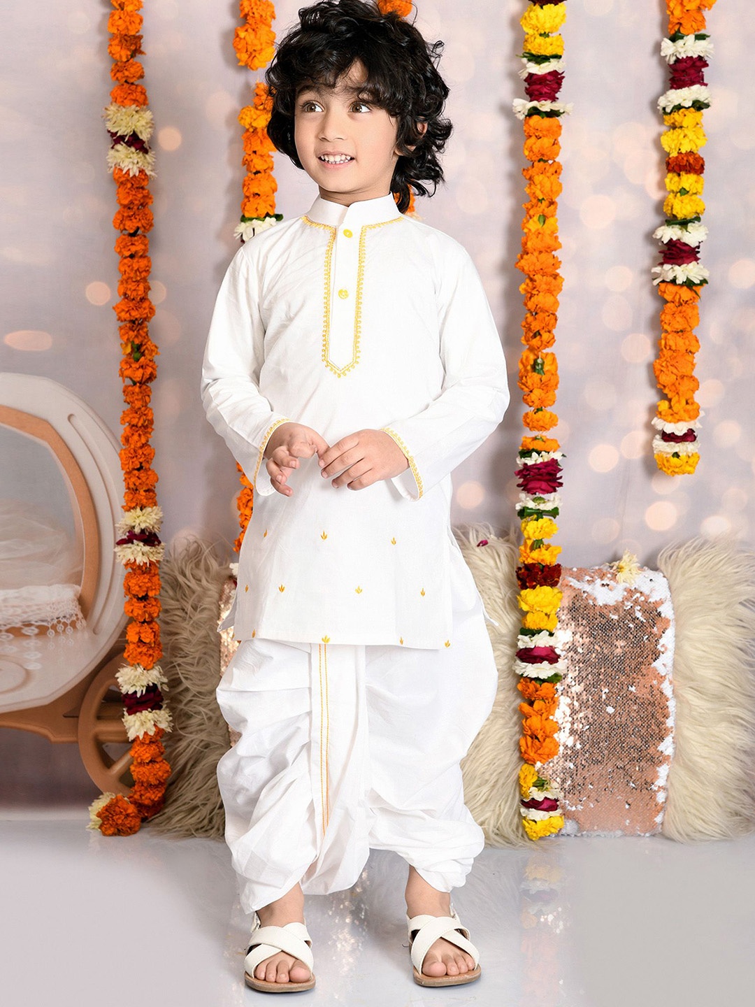 

MUDKID Boys Embroidery Kurta & Dhoti Pant Set, White