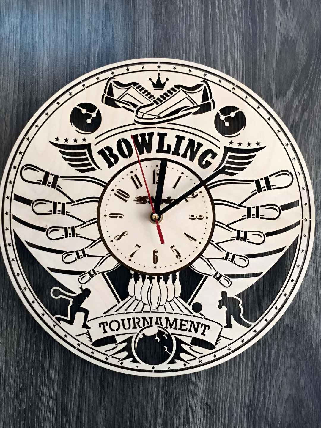 

QEZNEF Beige & Black Bowling Printed Contemporary Round Shaped Wooden Wall Clock