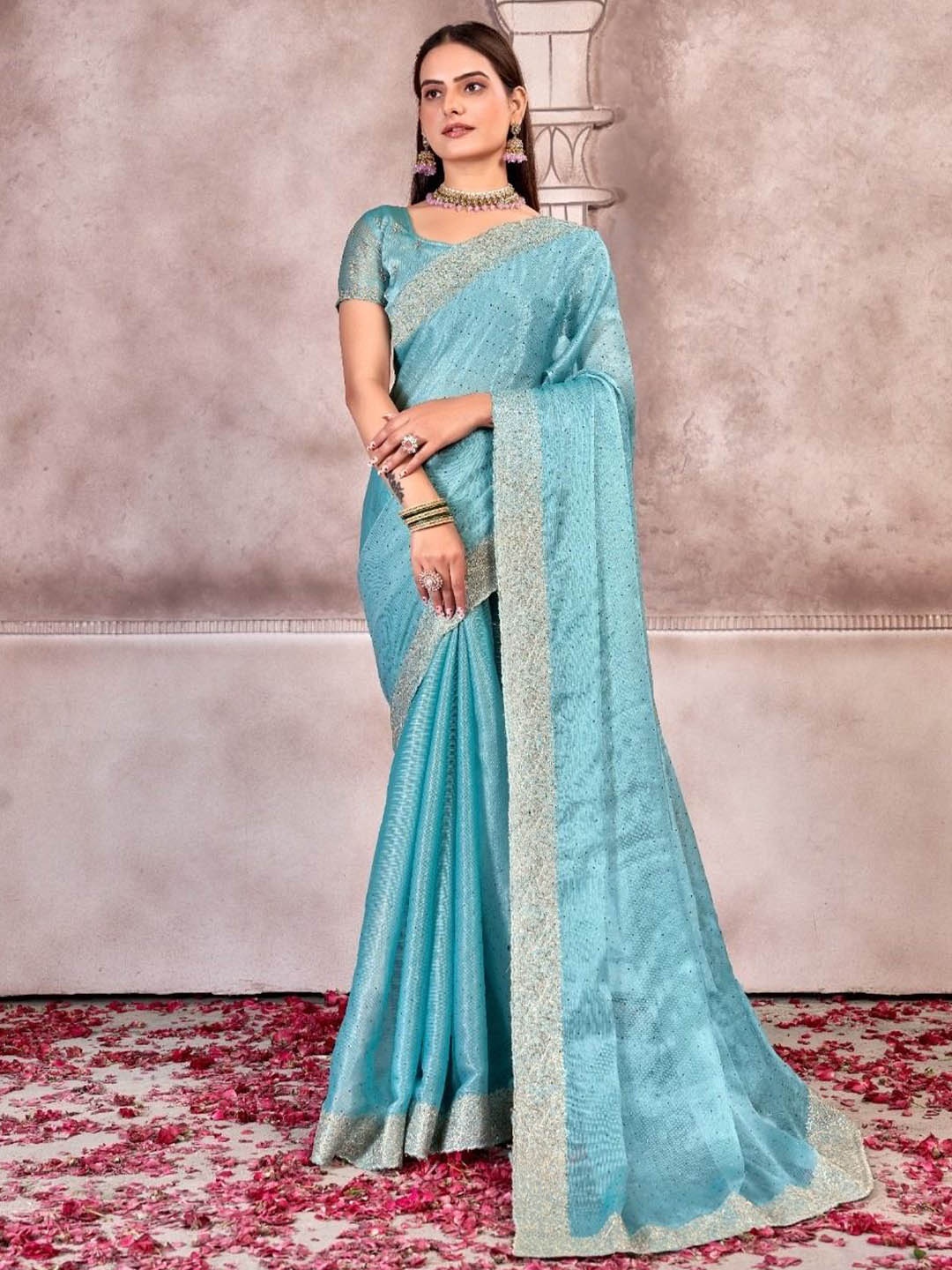 

Kalista Women Embellished Beads and Stones Chiffon Saree, Blue