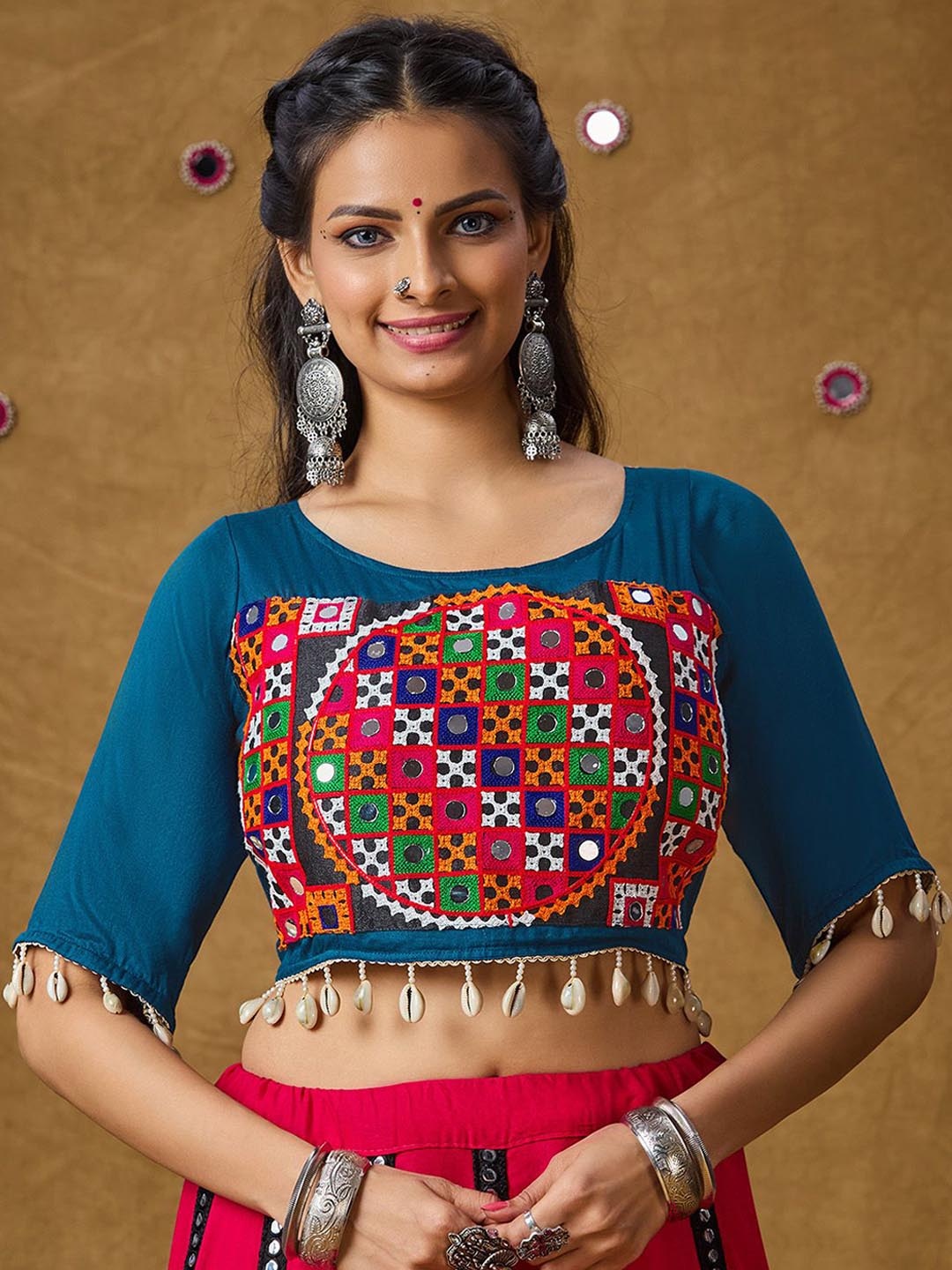 

SALWAR STUDIO Women Embroidered Padded Cotton Saree Blouse, Blue
