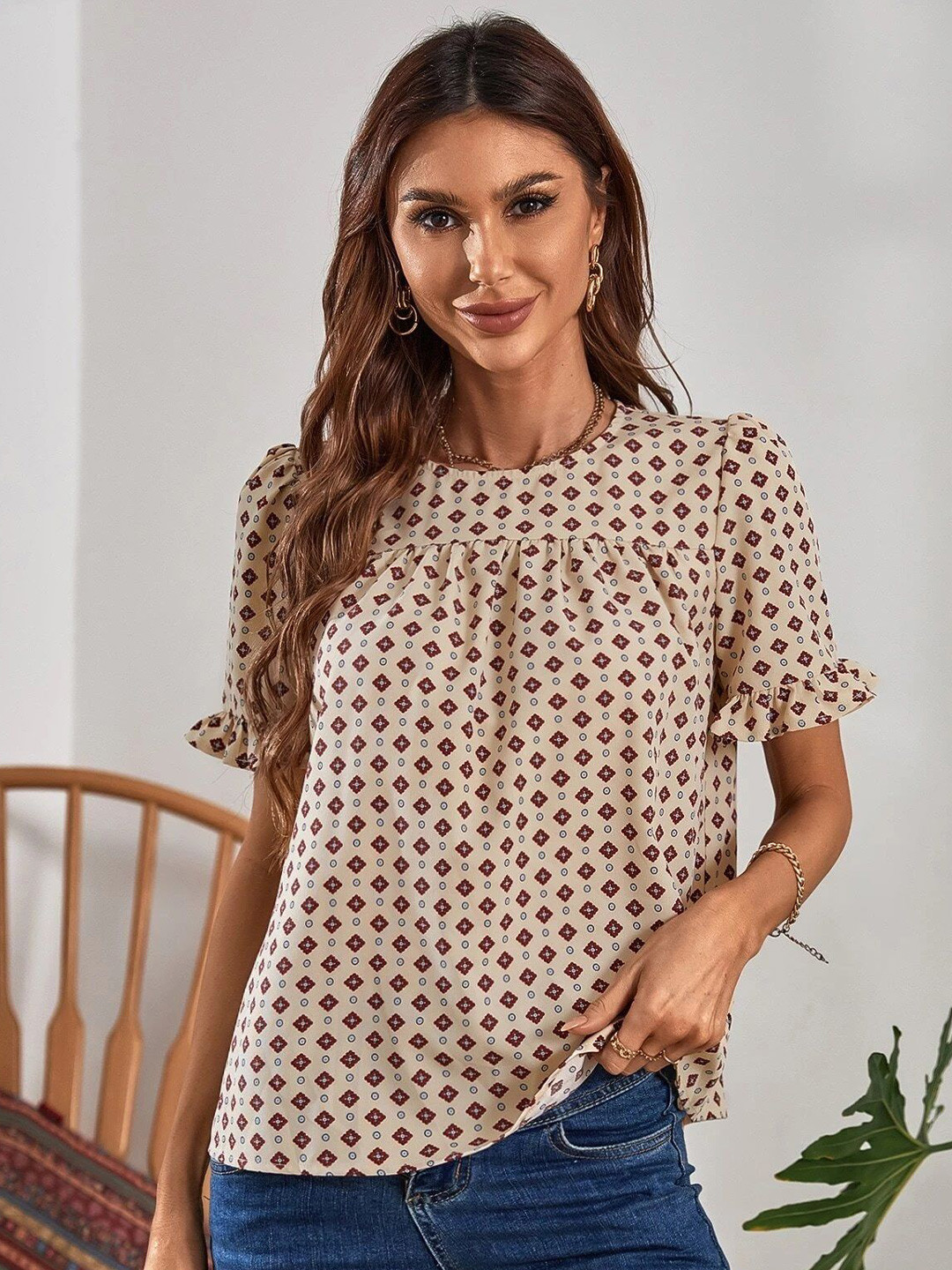 

Stylecast X Slyck Printed Round Neck Puff Sleeve Top, Beige