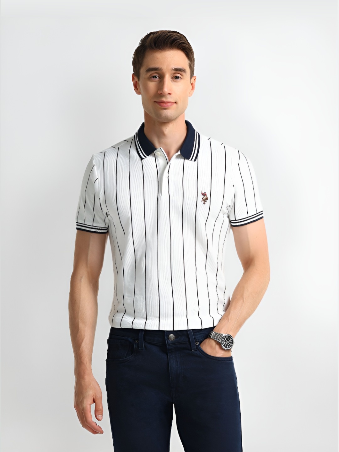 

U.S. Polo Assn. Denim Co. Men Striped Polo Collar Cotton Slim Fit T-shirt, White