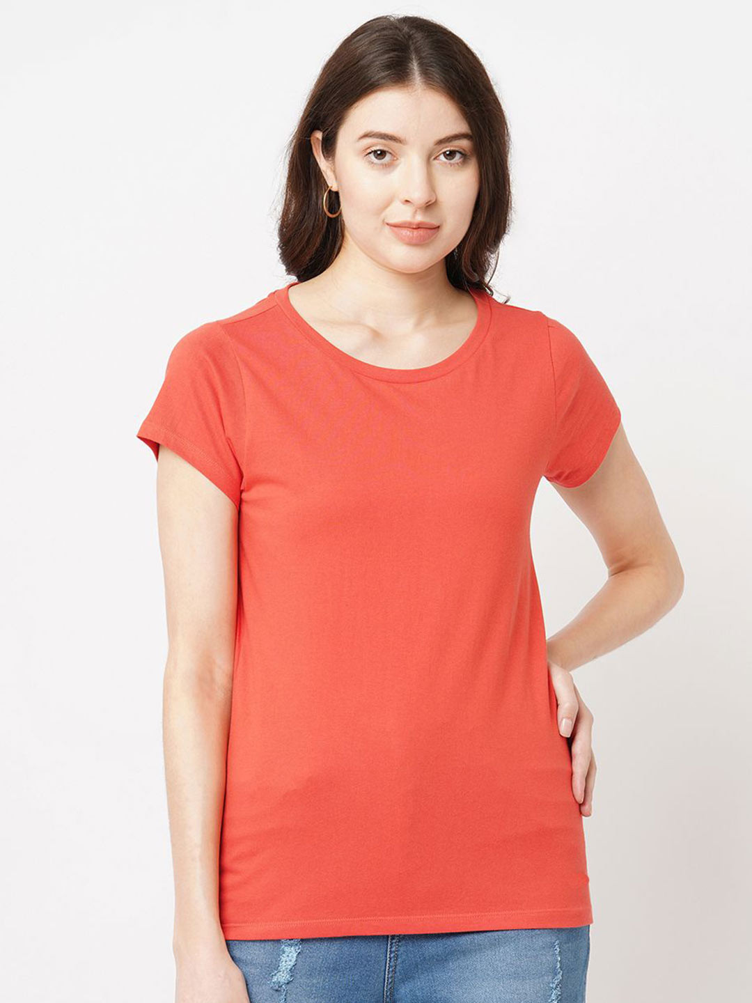 

The Roadster Lifestyle Co. Women Solid Round Neck Cotton T-shirt, Red