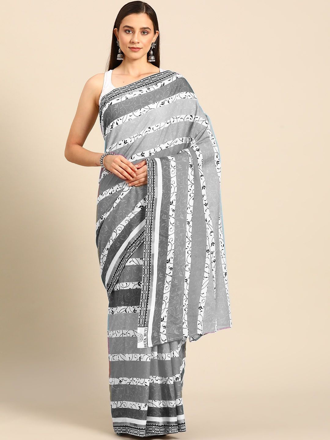 

BUTA BUTI Striped Printed Pure Cotton Saree, Grey