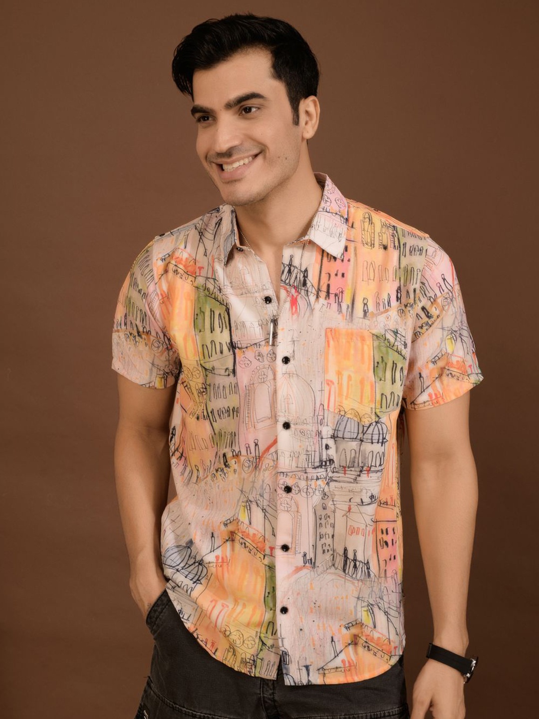 

BAESD Men Standard Spread Collar Graphic Printed Polycotton Casual Shirt, Beige
