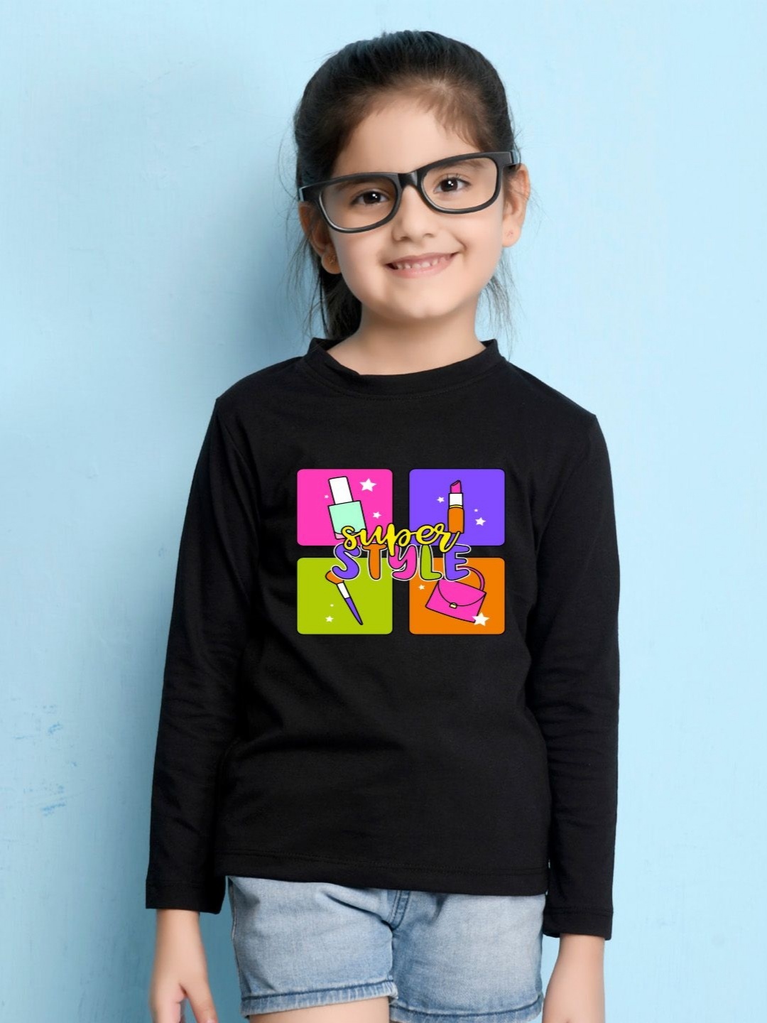 

NUSYL Girls Graphic Printed Round Neck Cotton T-shirt, Black