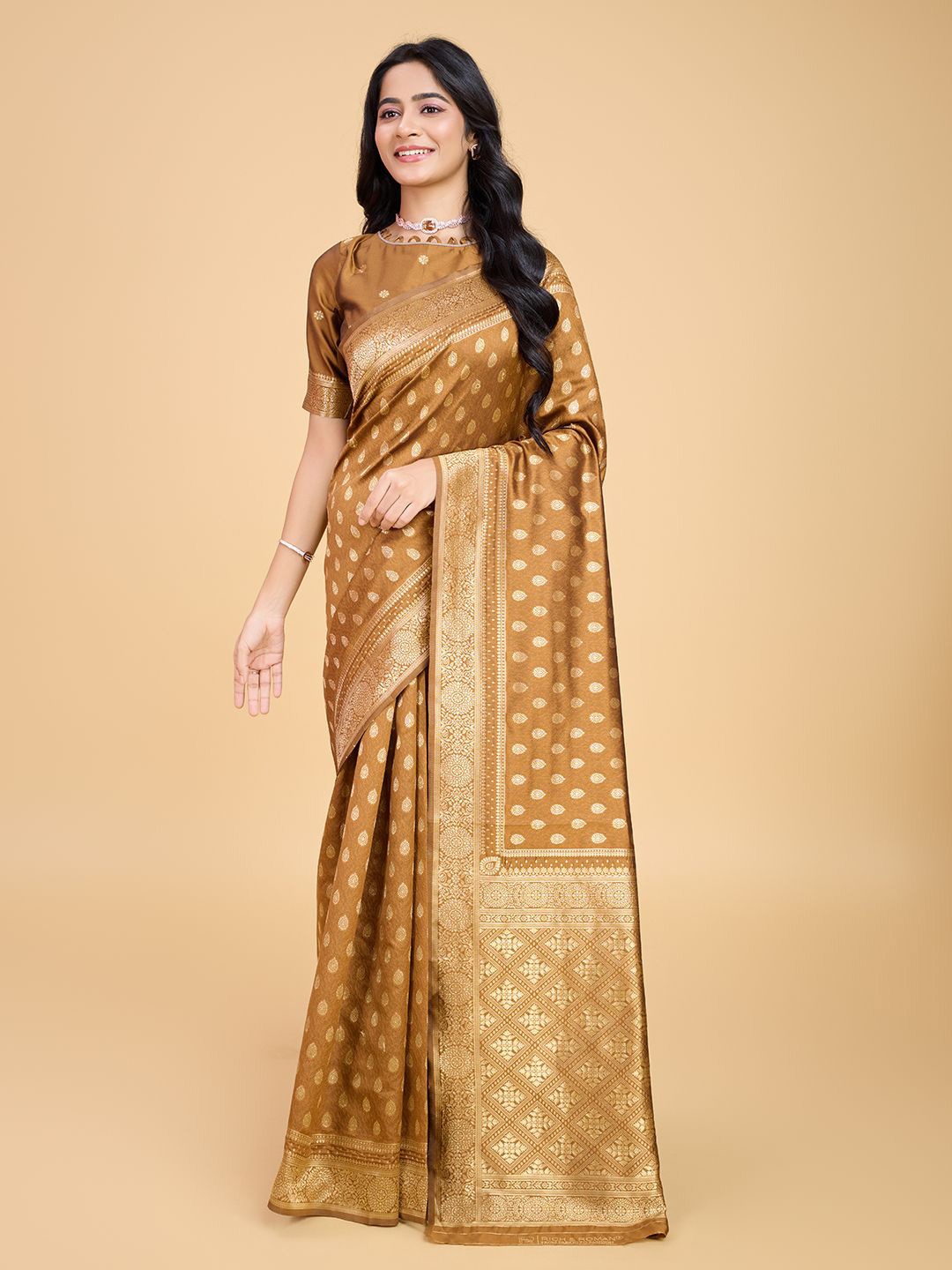 

RICH & ROMAN Woven Design Zari Pure Silk Banarasi Saree, Mustard