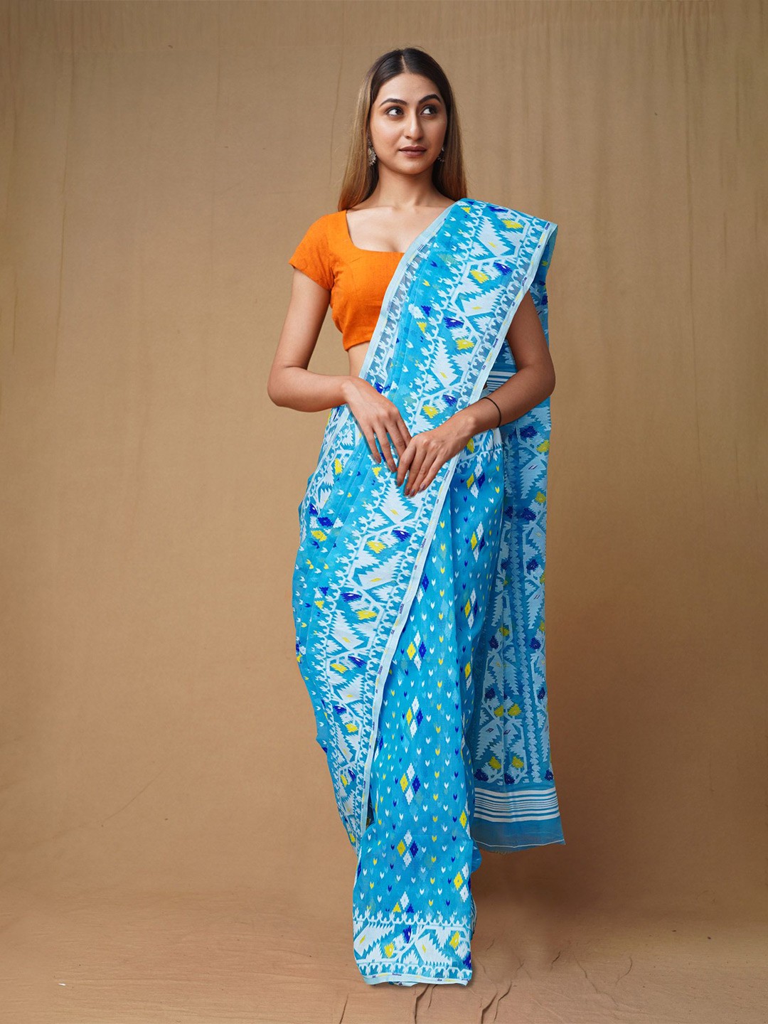 

Unnati Silks Woven Design Pure Cotton Handloom Jamdani Saree, Blue
