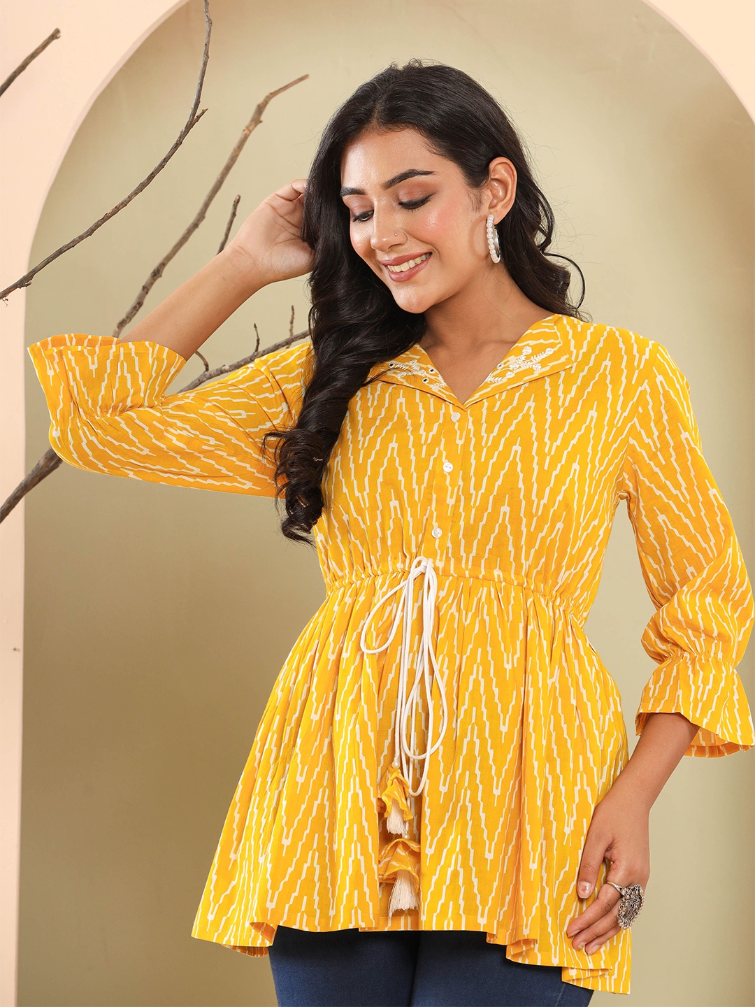 

Haute and Humble Women Abstract Printed V-Neck Cotton Top, Yellow