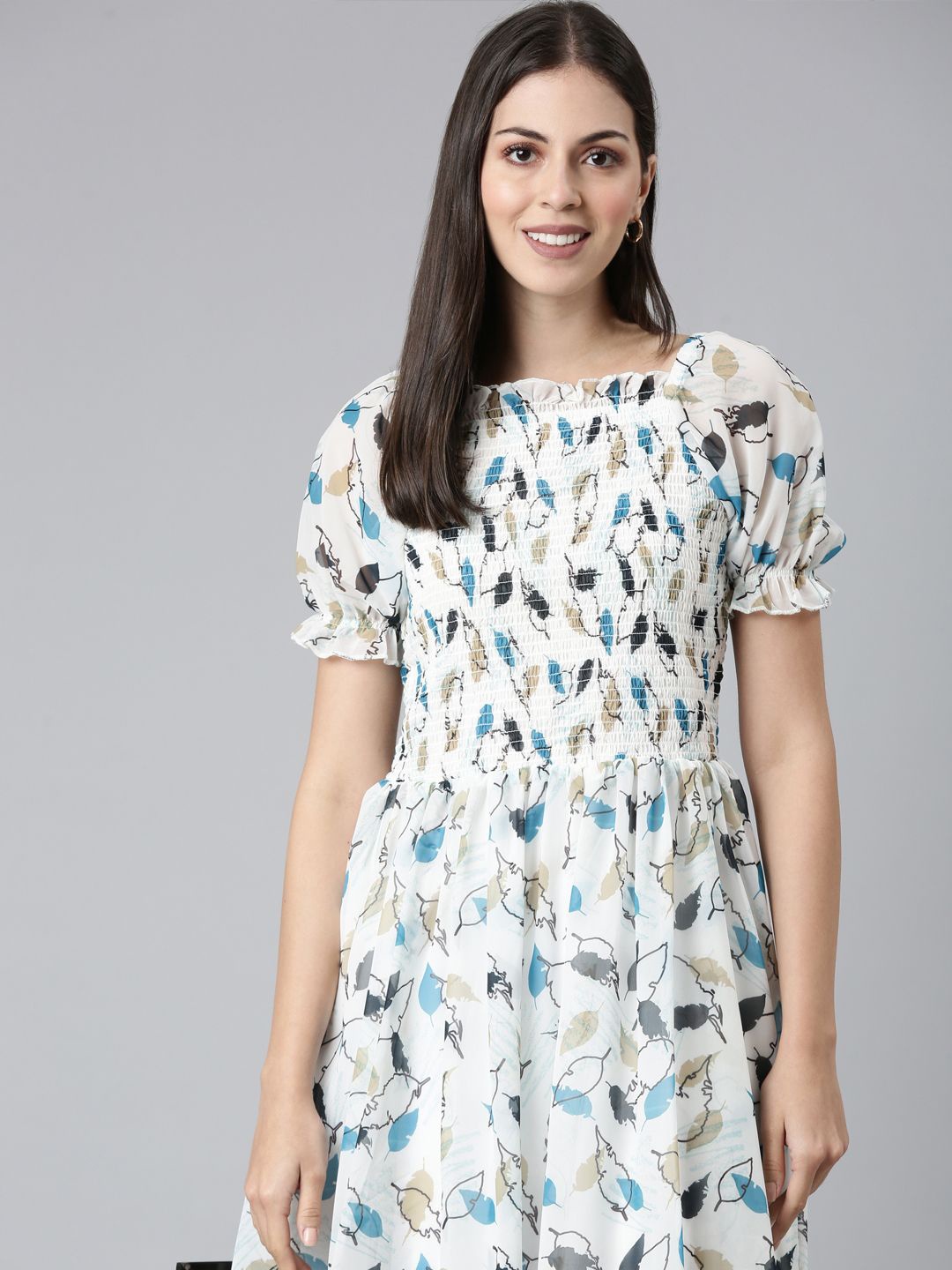 

TWIN BIRDS Floral Print Puff Sleeve Fit & Flare Dress, White