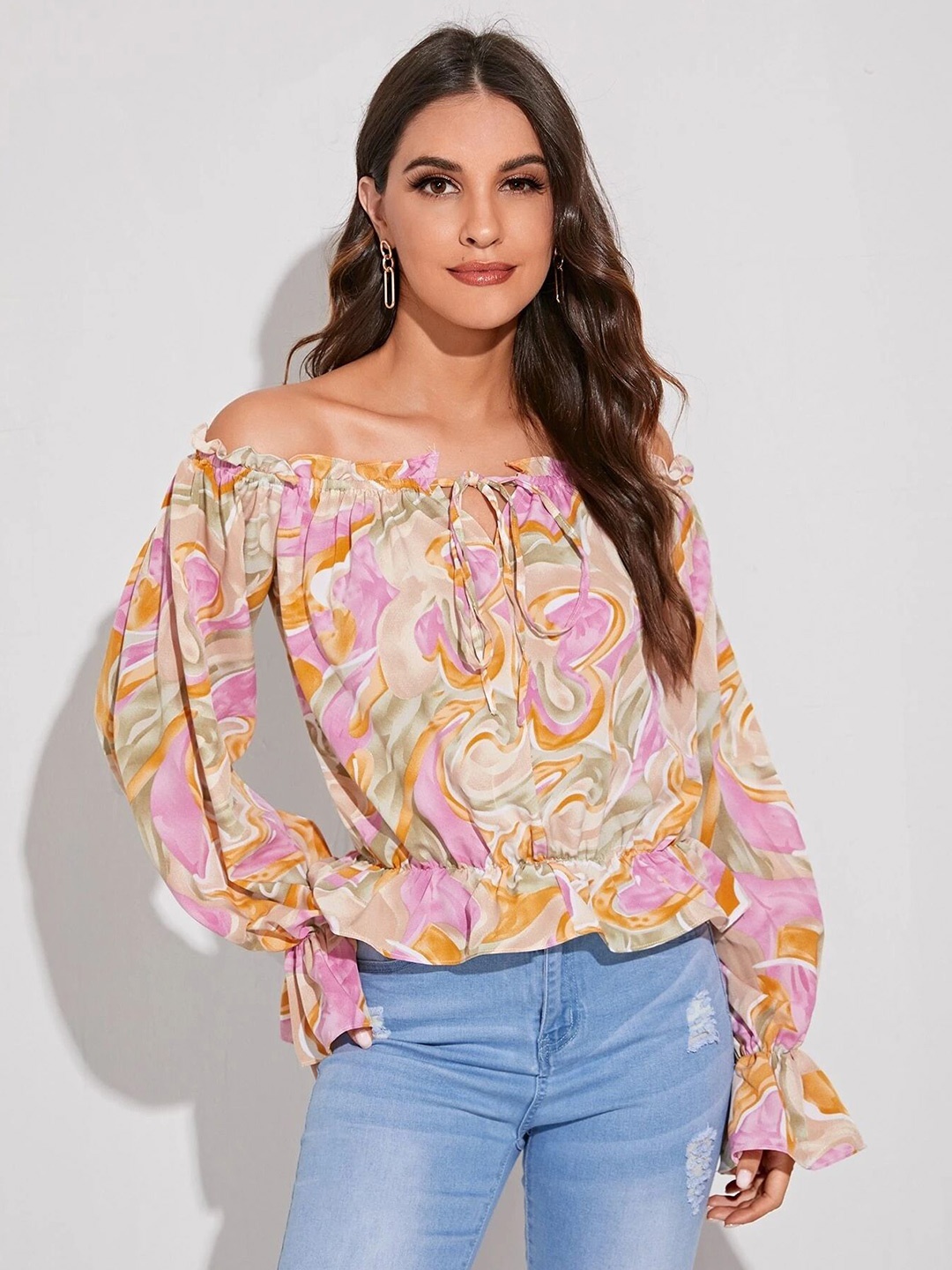 

Stylecast X Slyck Abstract Printed Off-Shoulder Top, Beige