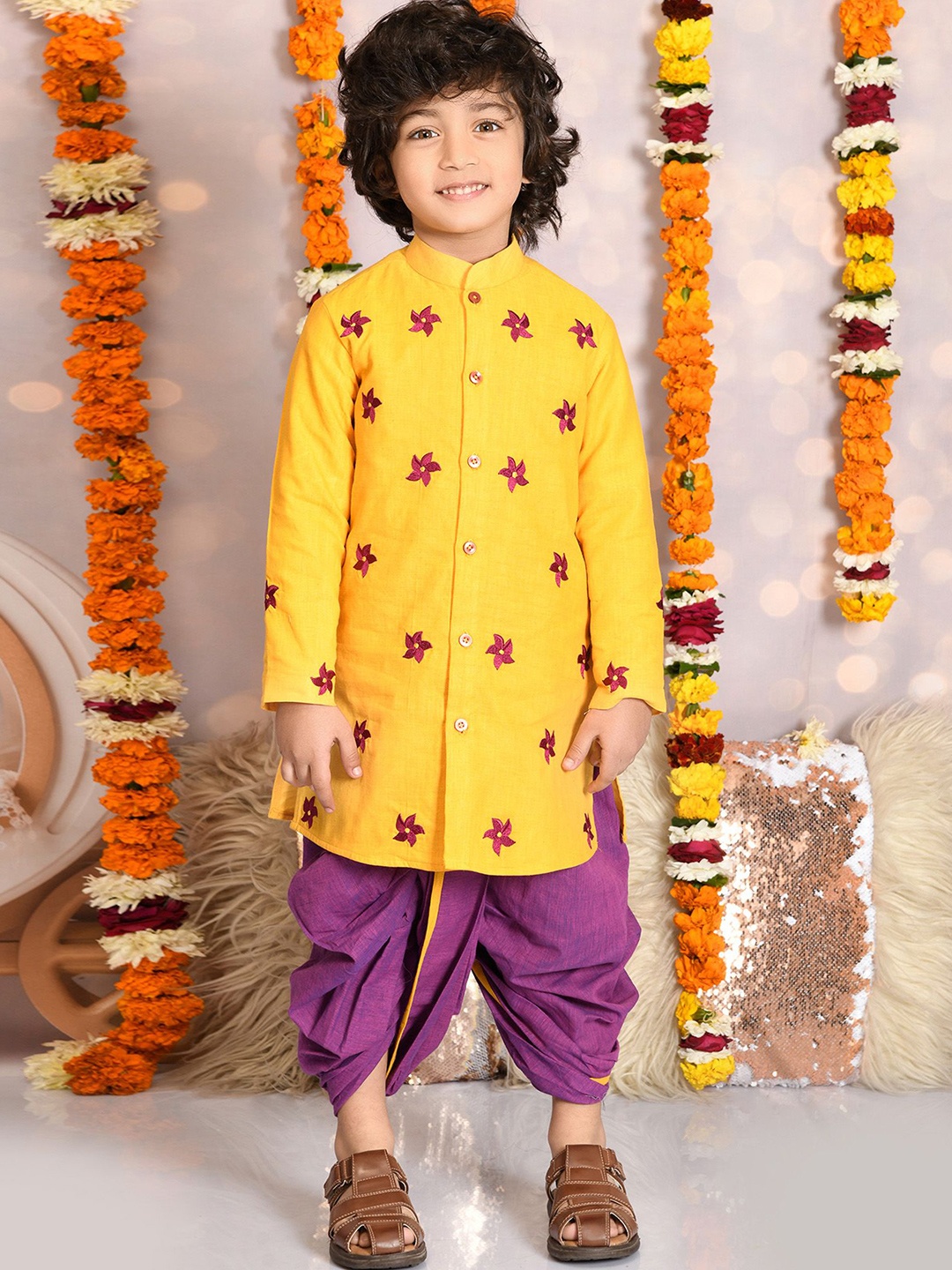 

MUDKID Boys Floral Embroidery Thread Work Band Collar Pure Cotton Kurta & Dhoti Pant, Yellow