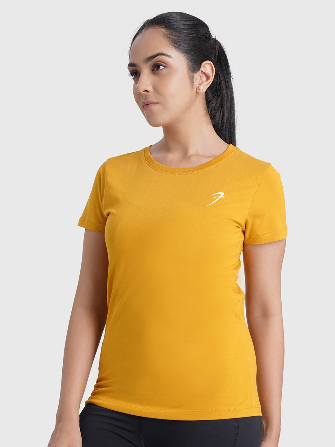 

FUAARK Women Stretchex Solid Round Neck Cotton Slim Fit T-shirt, Mustard