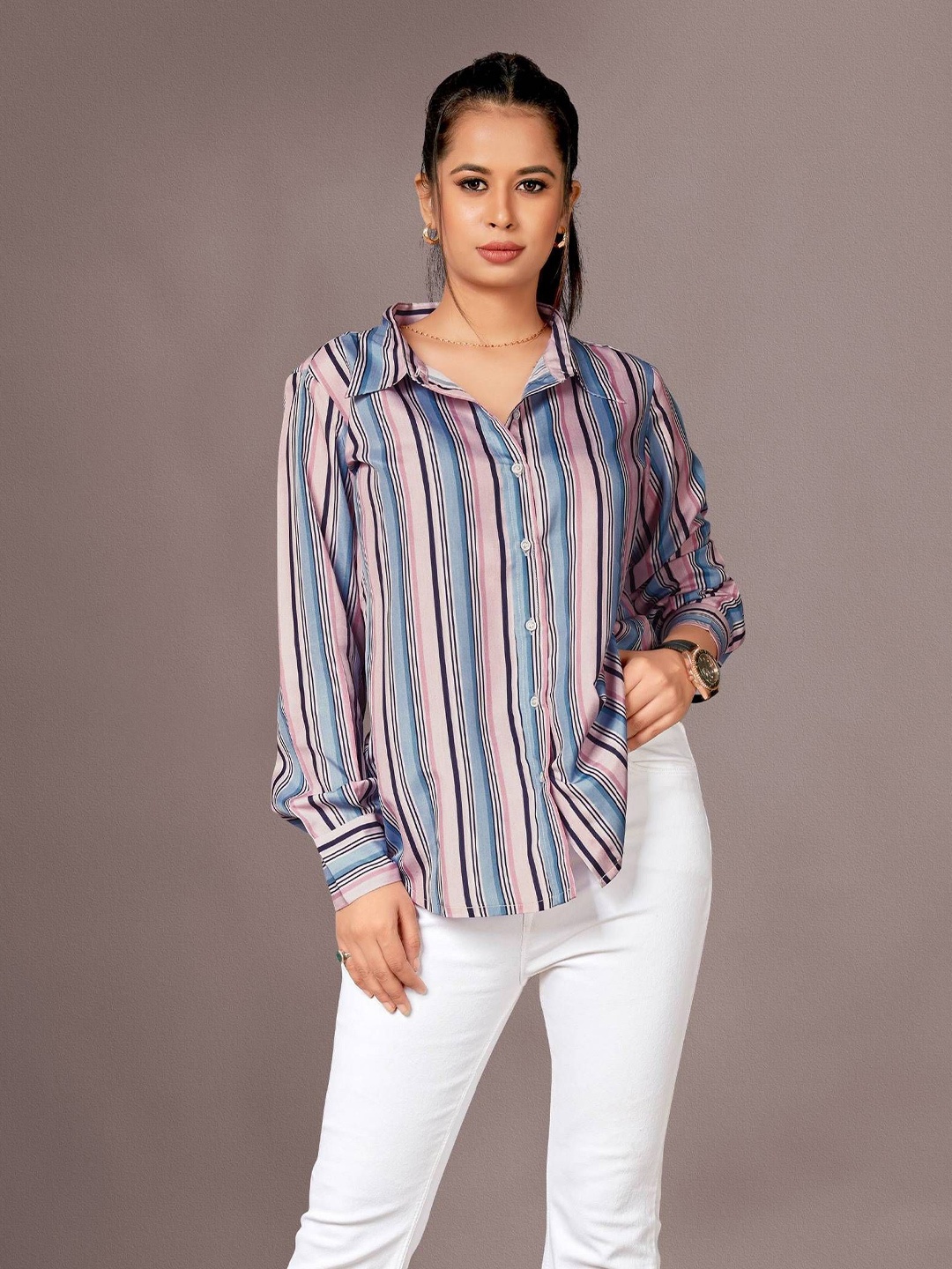 

COLORCART Women Classic Spread Collar Vertical Striped Party Shirt, Blue