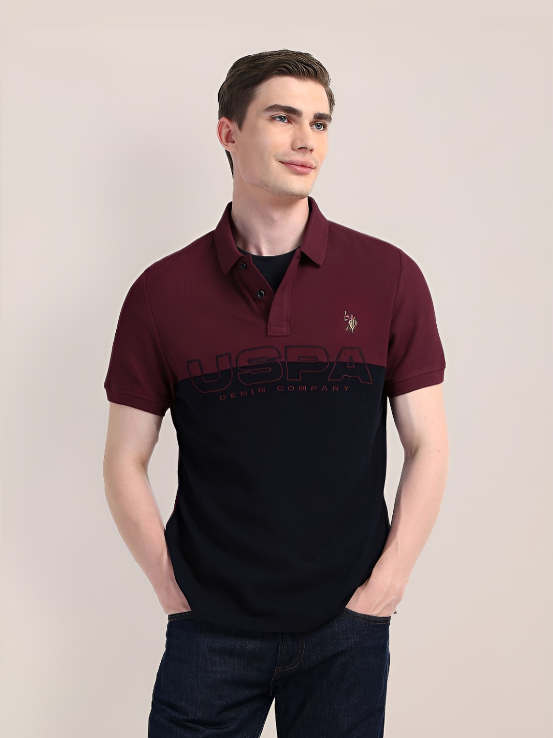 

U.S. Polo Assn. Denim Co. Men Colourblocked Polo Collar Cotton Slim Fit T-shirt, Maroon