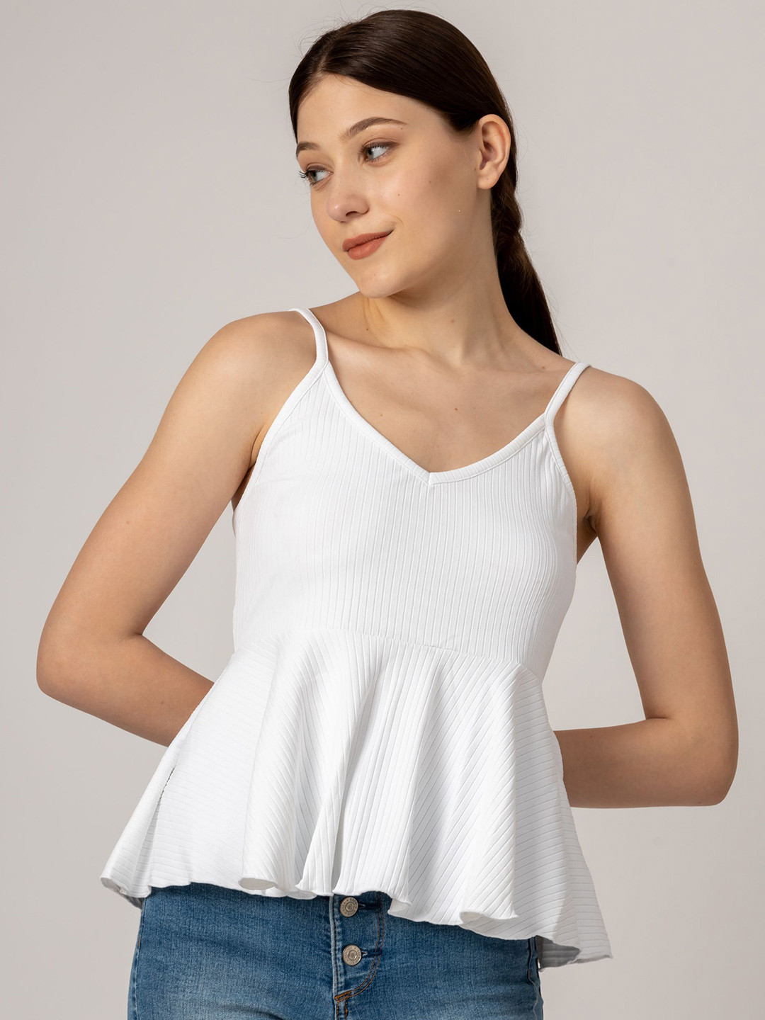 

Redamancii Women Vertical Striped Shoulder Straps Polycotton Top, White