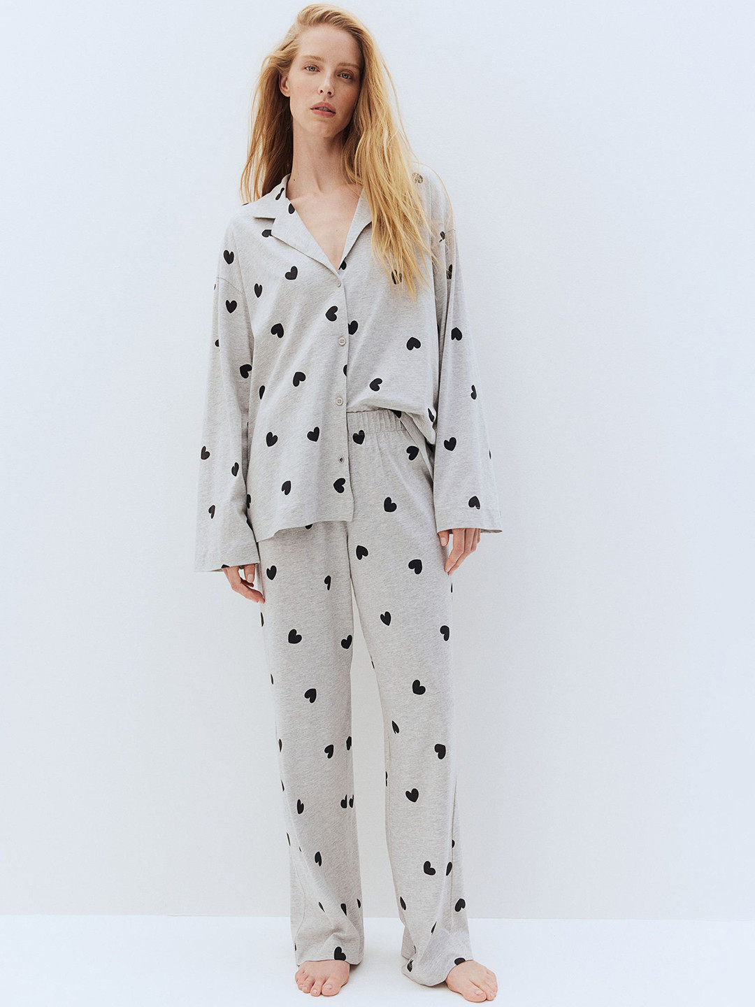 

H&M Women Printed Pure Cotton Night suit, Grey