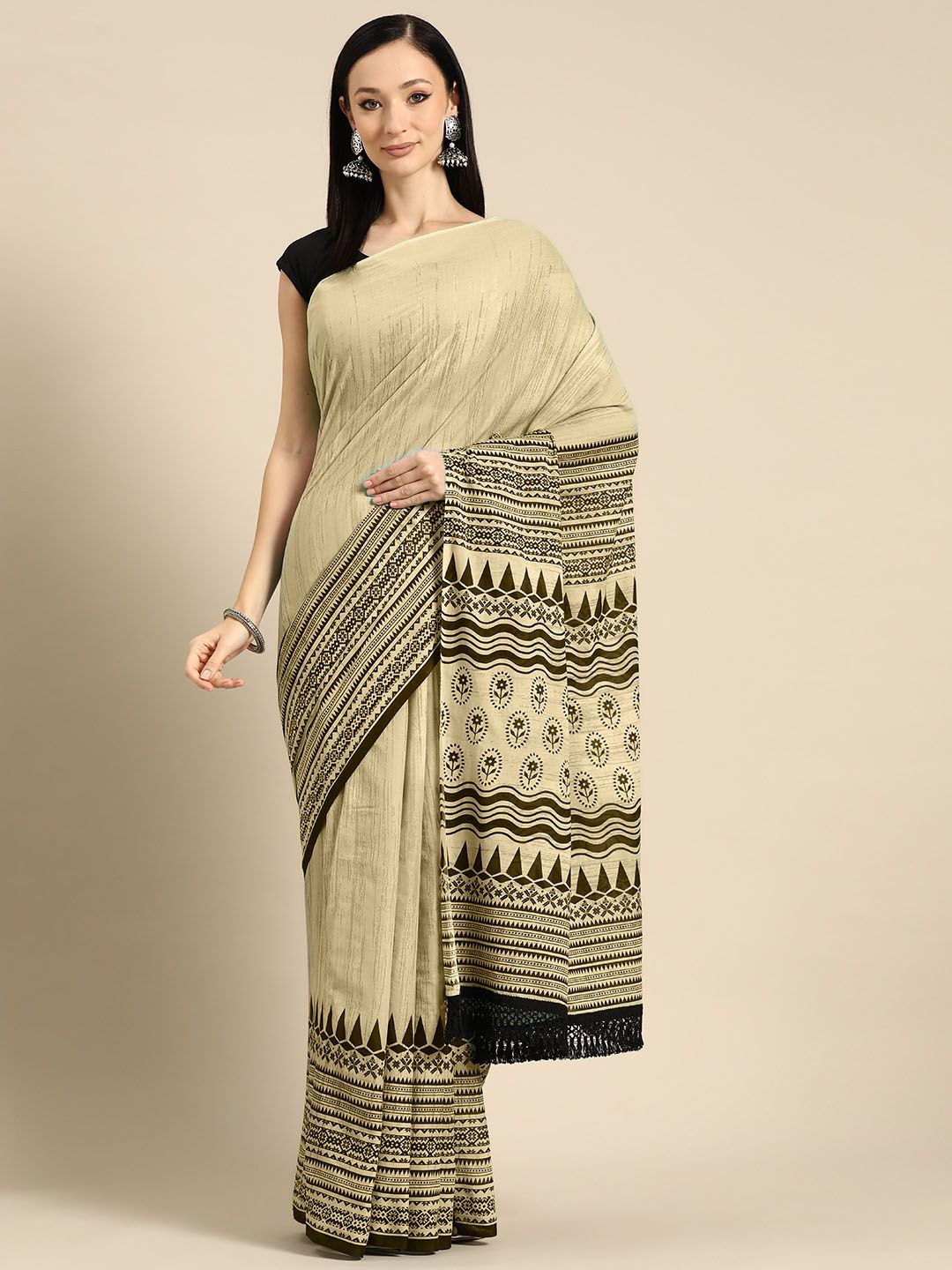 

BUTA BUTI Ethnic Motif Printed Pure Cotton Saree, Coffee brown