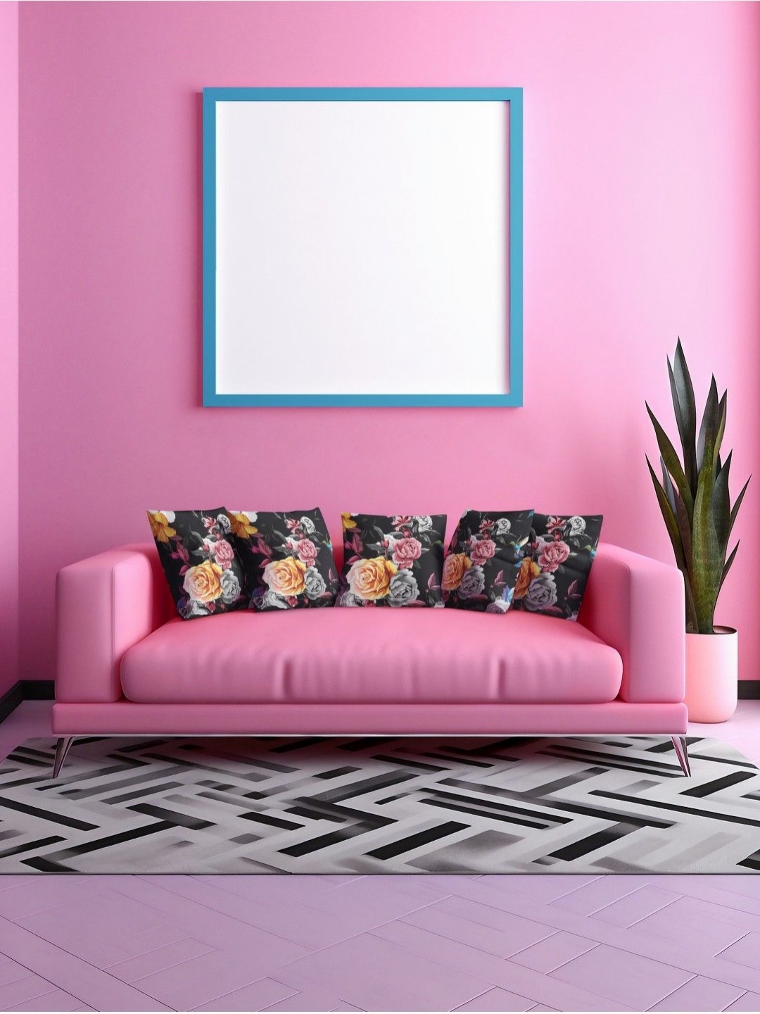 

THEYAYACAFE Black & Pink 5 Pieces Floral Printed Velvet Square Cushion Covers