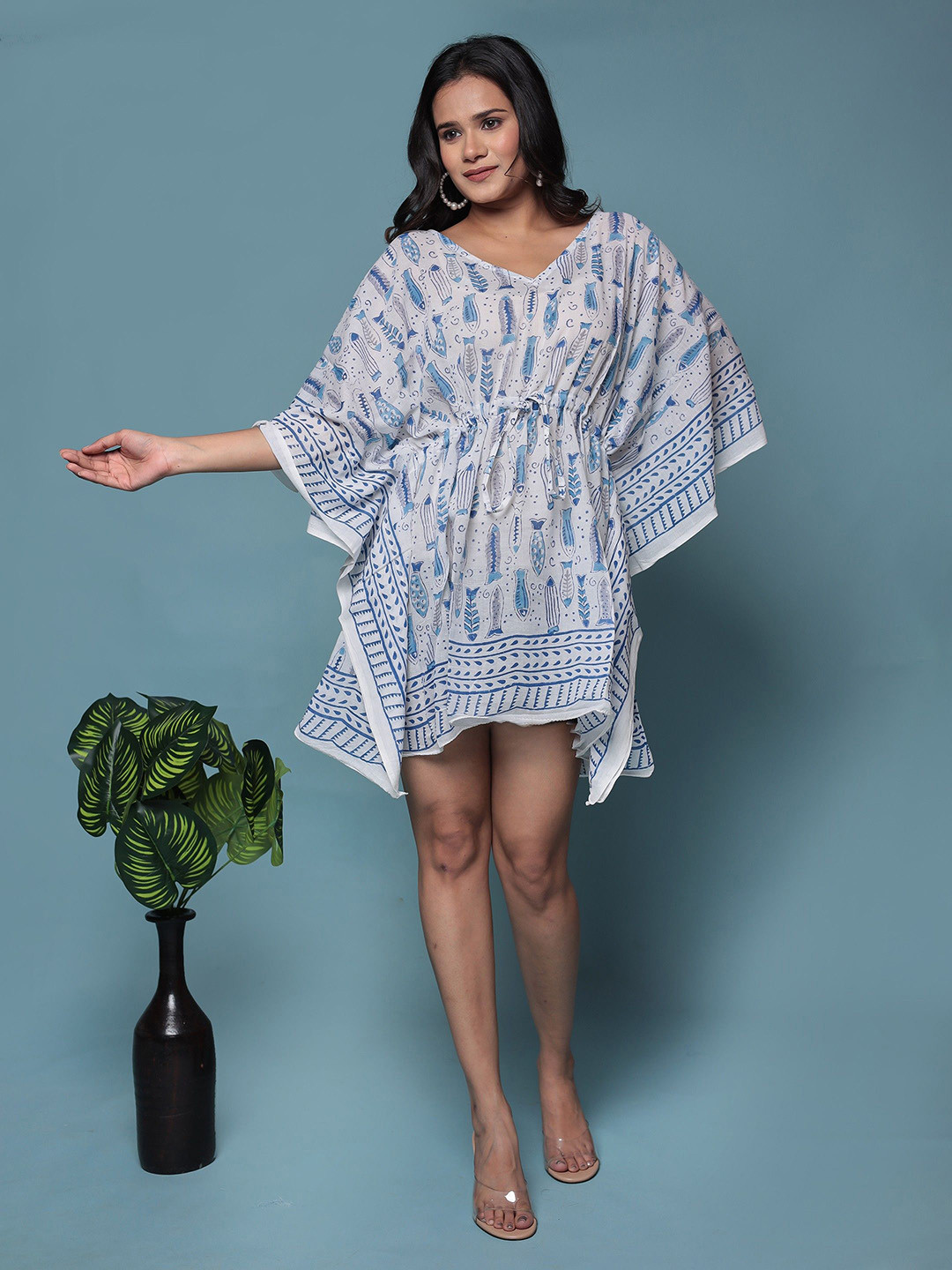 

Bohekant Block Printed Pure Cotton Kaftan Nightdress, White