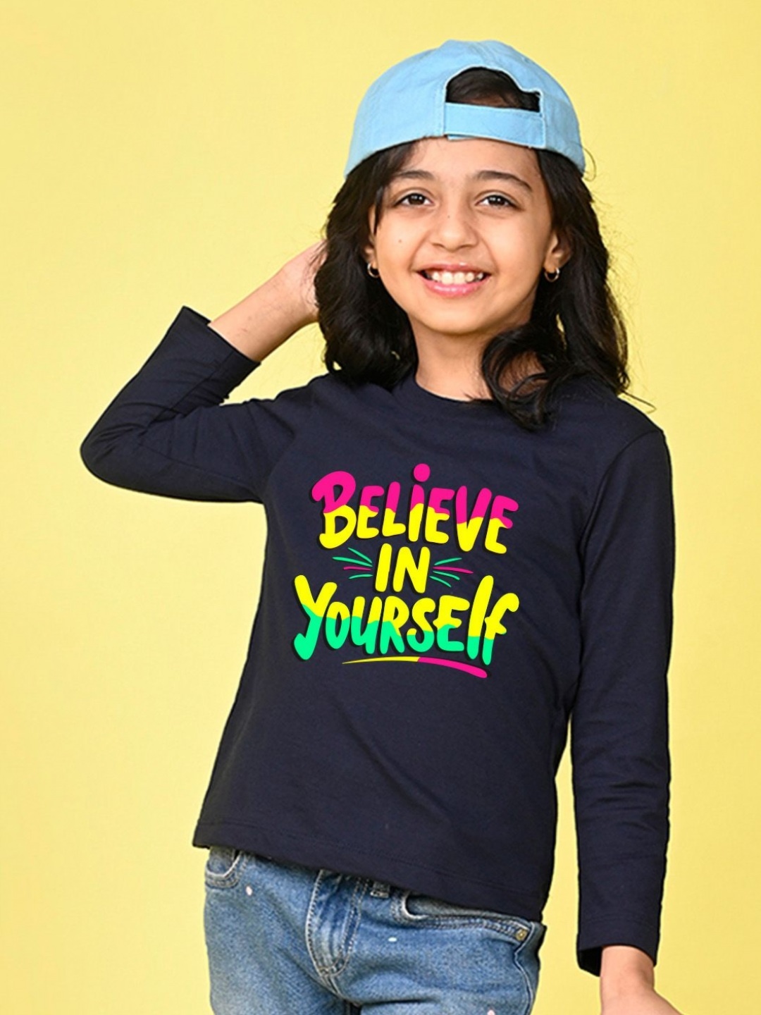 

NUSYL Girls Typography Printed Round Neck Cotton T-shirt, Blue