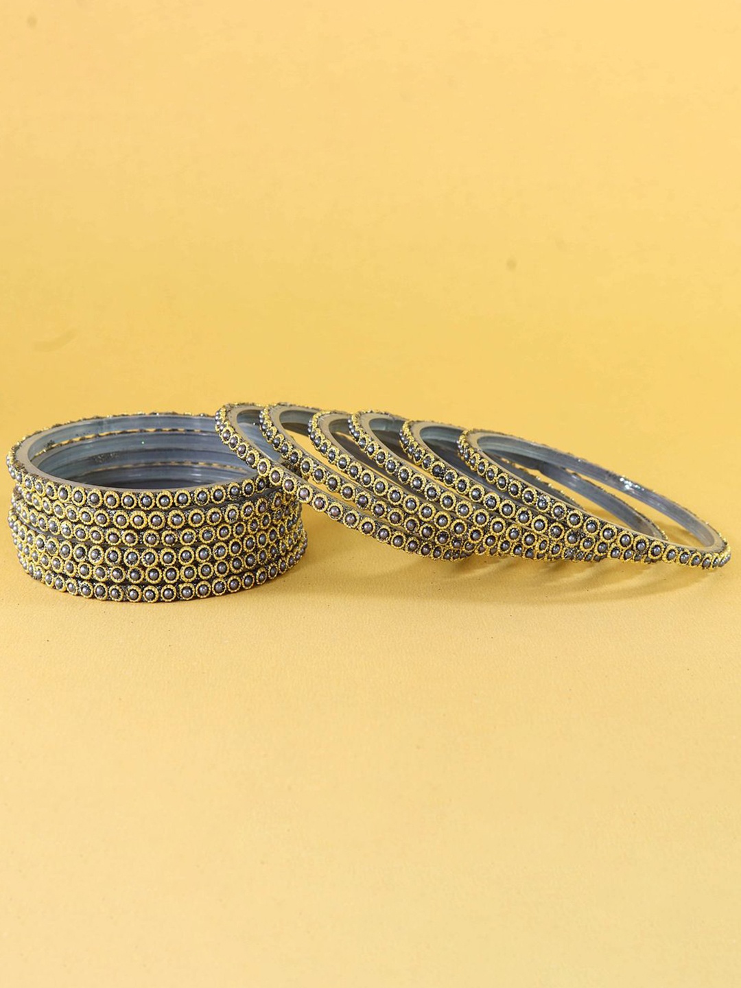 

ZULKA Set Of 12 Moti Pearls Work Glass Bangles, Grey