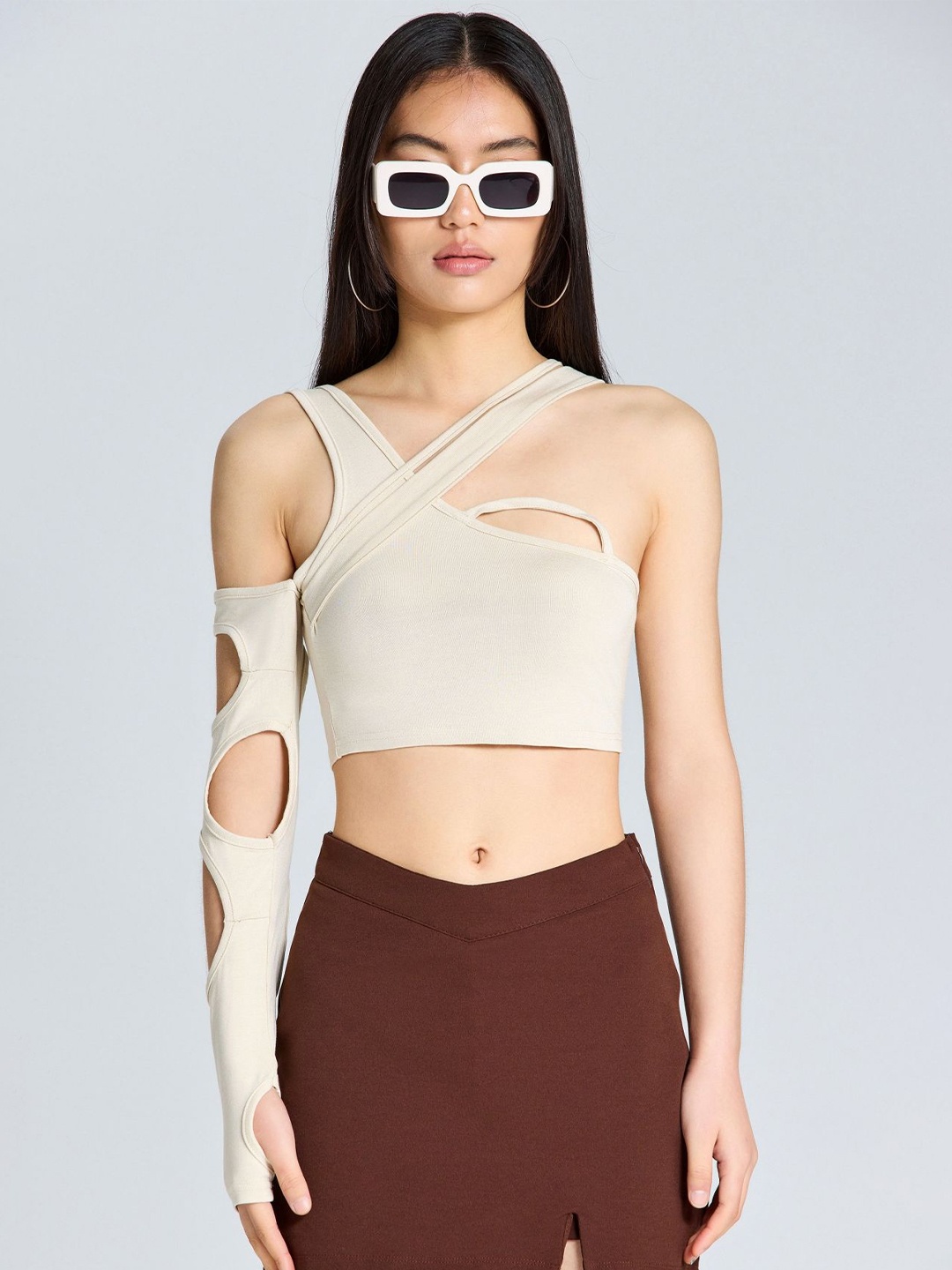 

ZOMODA Women Solid One Shoulder Top, Beige