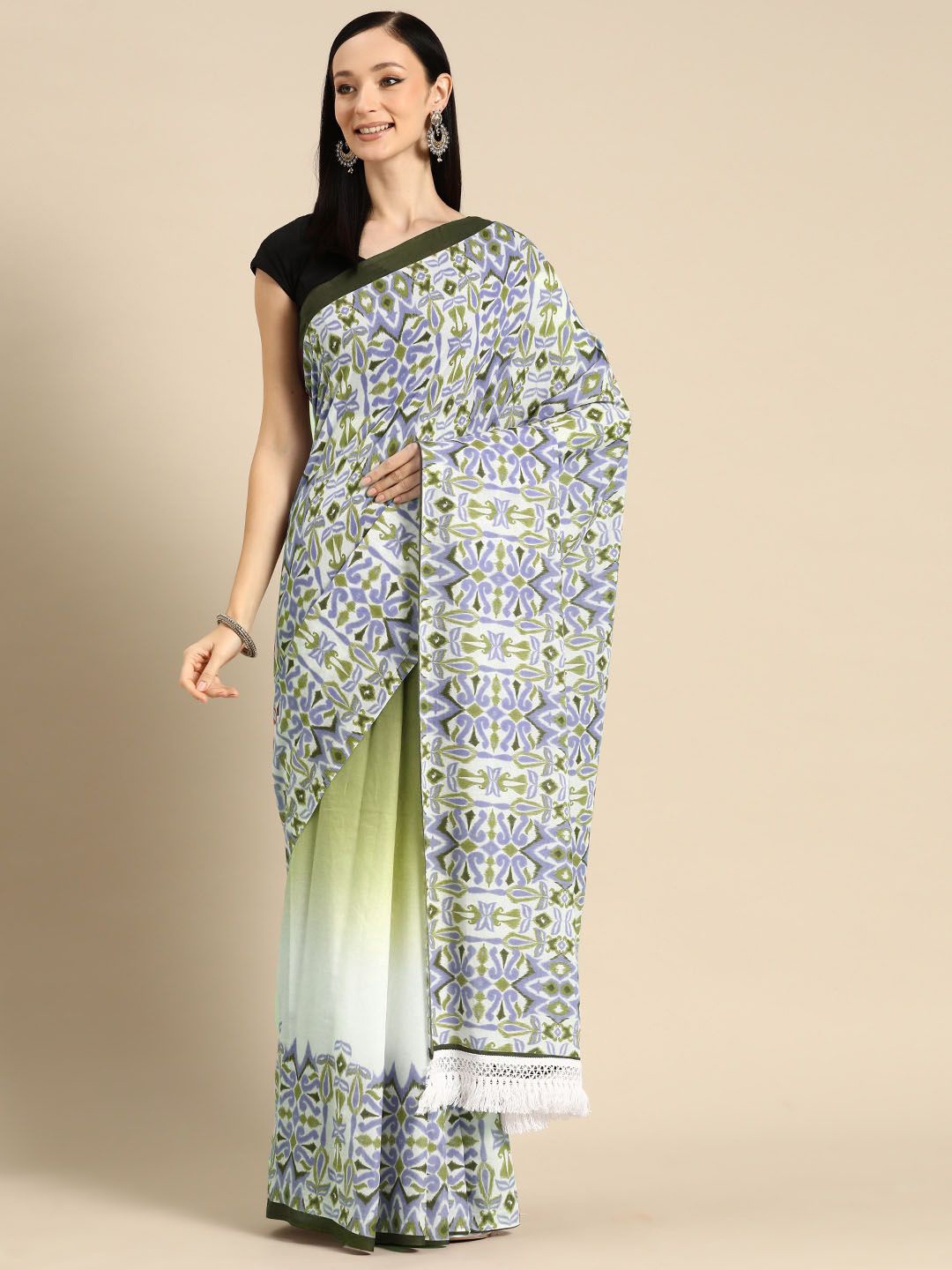 

BUTA BUTI Paisley Printed Pure Cotton Saree, Lime green