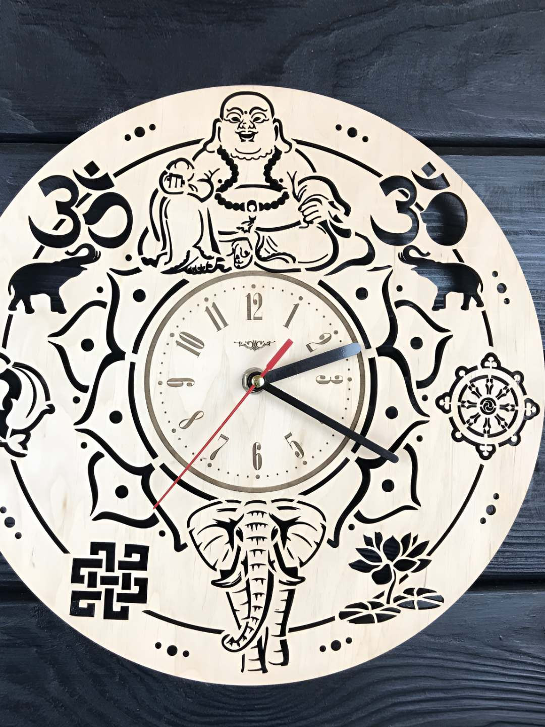 

QEZNEF Beige & Black Printed Round Shaped Contemporary Analogue Wooden Wall Clock