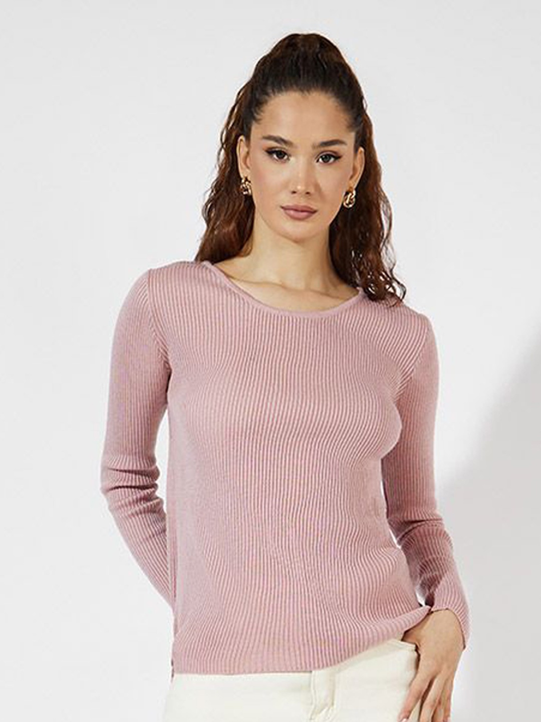 

Styli Women Round Neck Regular Length Sweater, Pink