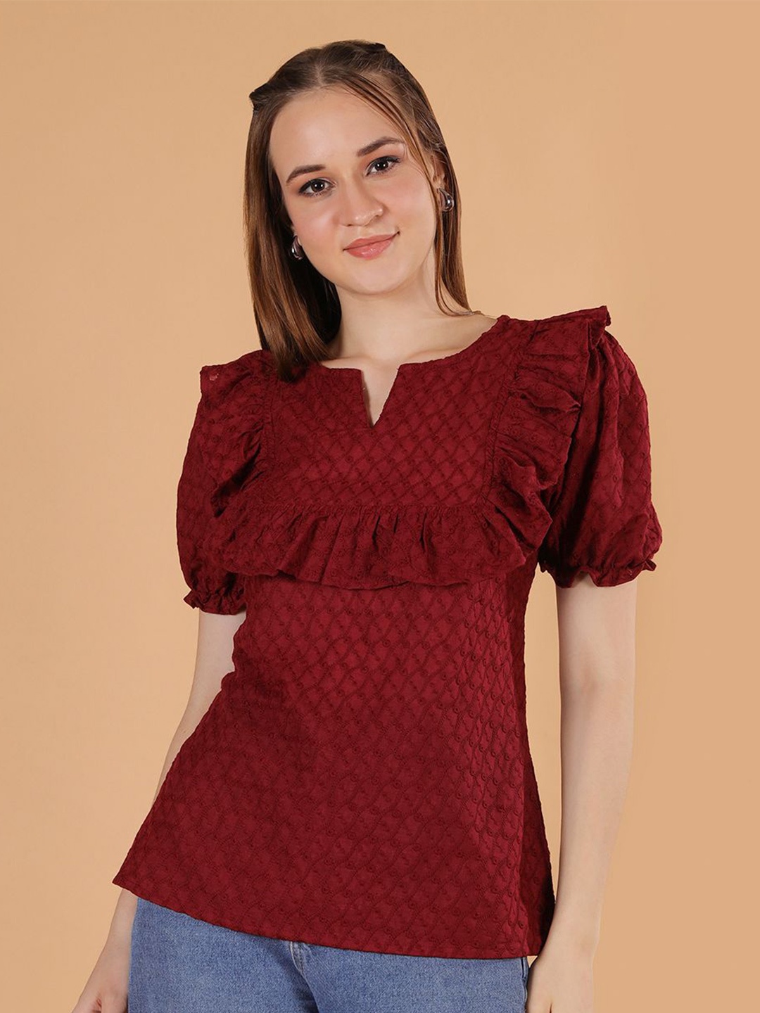 

Frolic Rolic Women Self Design Round Neck Pure Cotton Top, Maroon