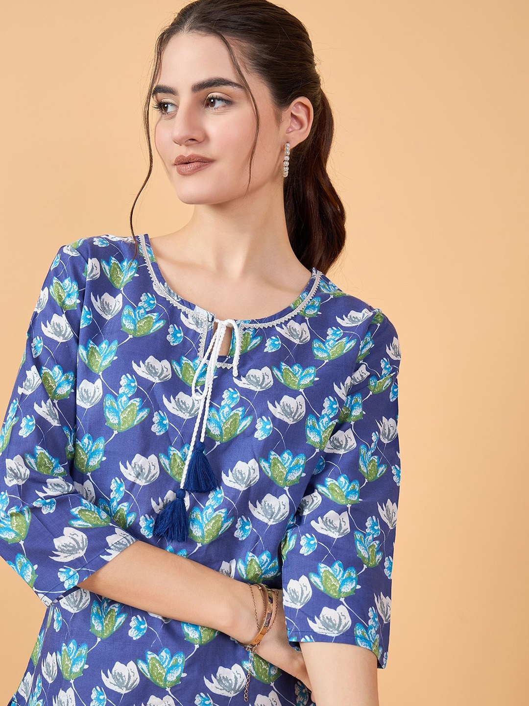 

NEESH Women Floral Printed Tie-Up Neck Cotton Top, Multi