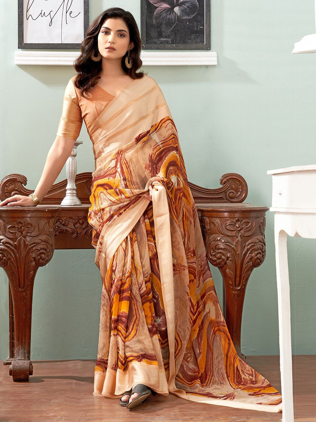 

KALINI Abstract Printed Pure Georgette Muga Saree, Yellow