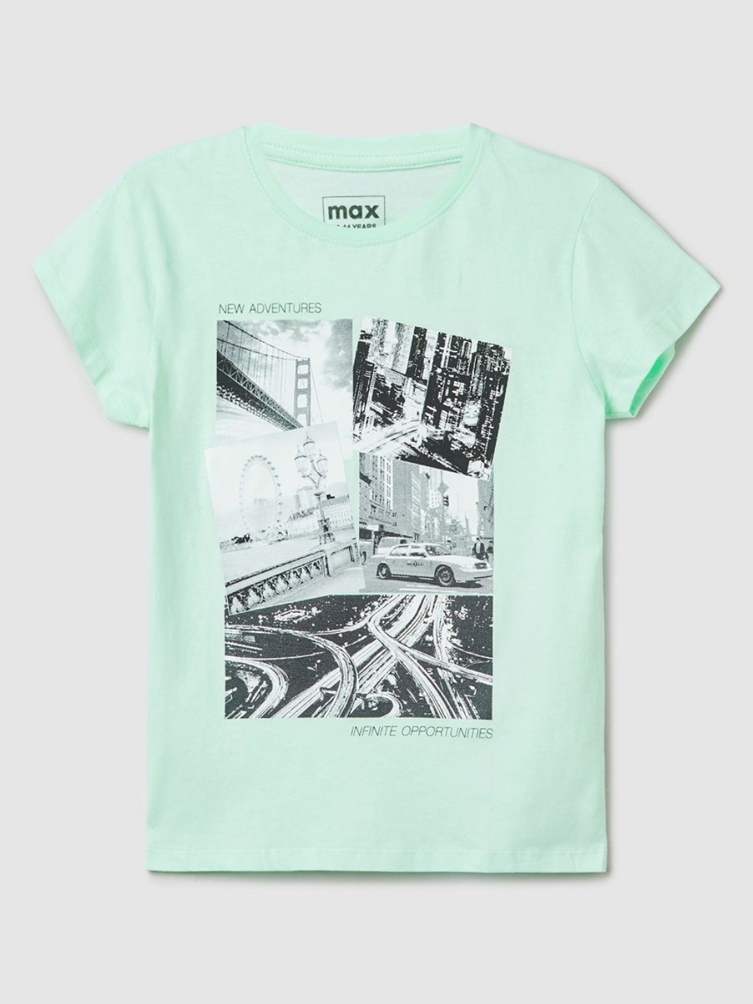 

max Girls Graphic Printed Round Neck Cotton T-shirt, Green