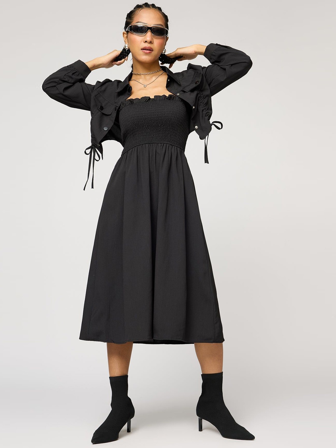 

FREAKINS Black Shoulder Straps Pure Cotton Fit and Flare Midi Dress with Jacket