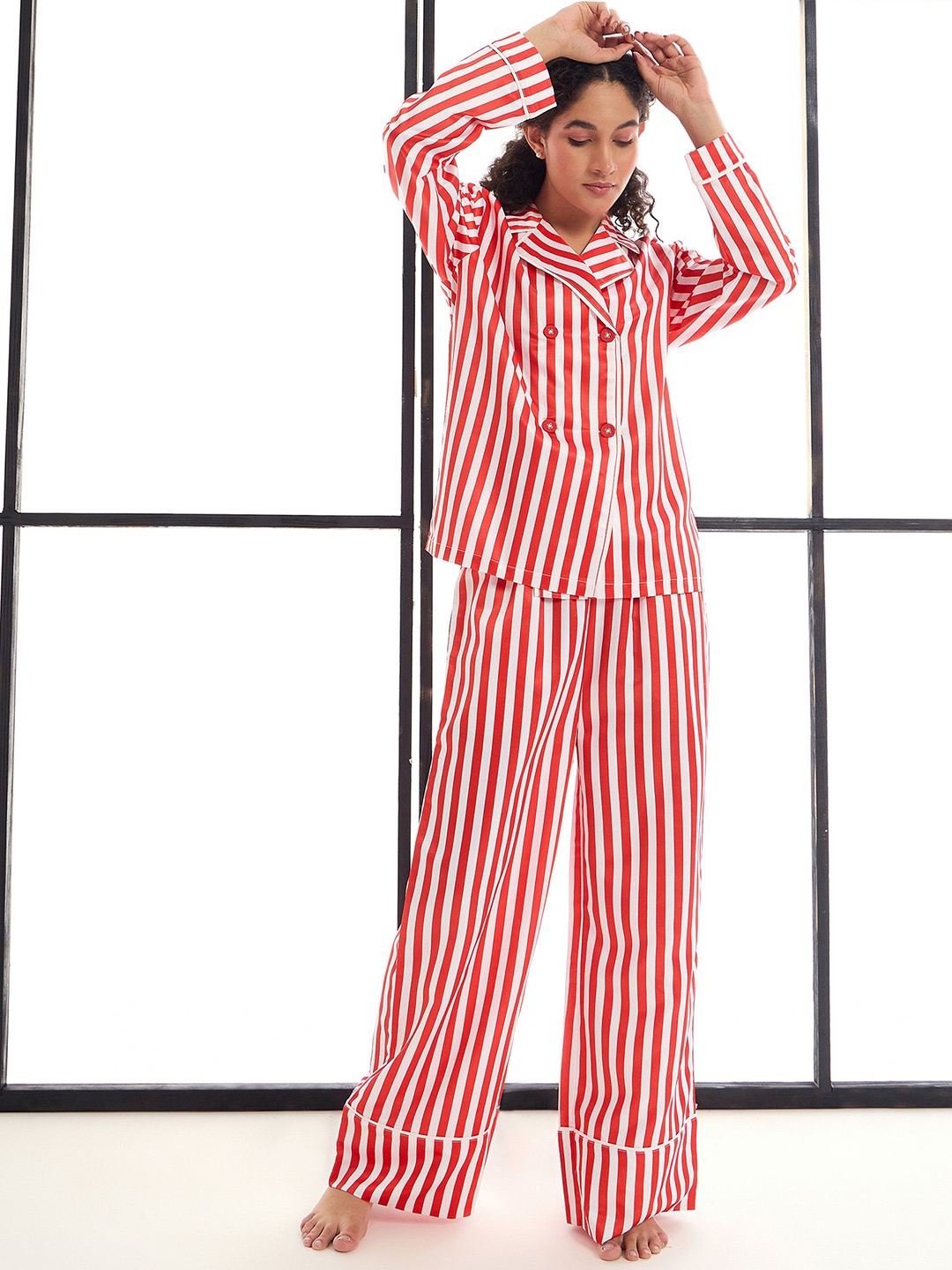 

SASSAFRAS alt-laze Women Long Sleeves Striped Slip-On Night suit, Red