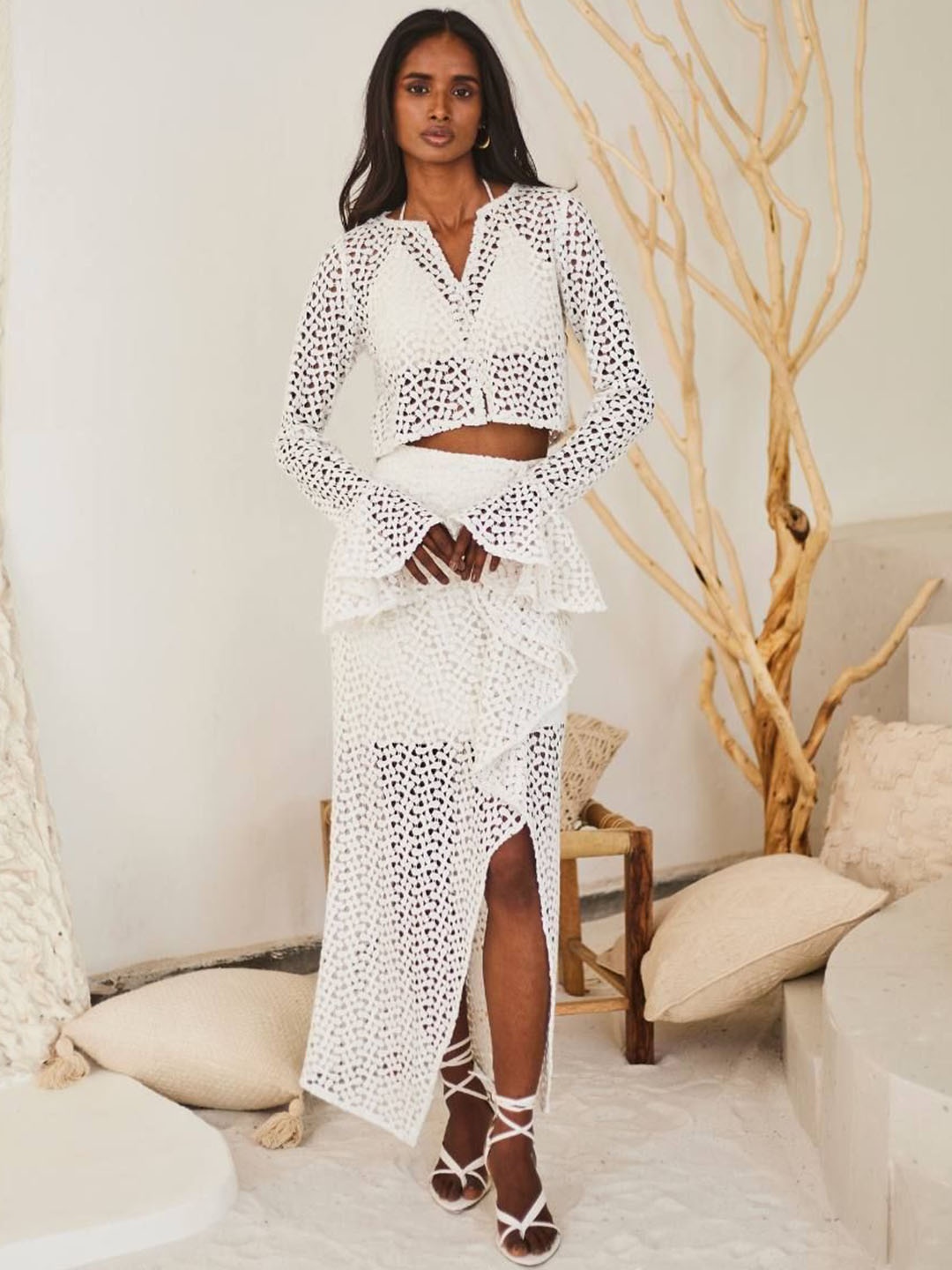 

Urban Suburban Ruffle Lace Straight Maxi Skirt, White