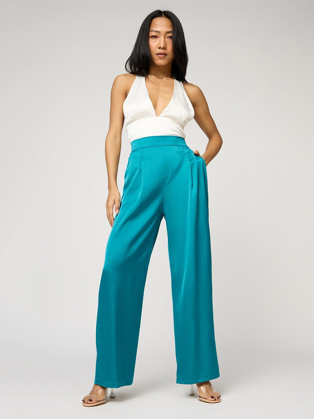 

FREAKINS Women Satin Straight Korean Pant, Turquoise blue