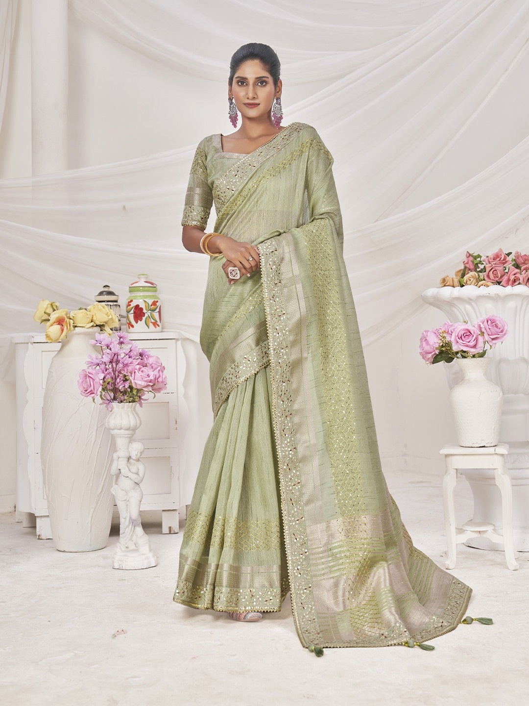 

Panzora Embellished Embroidered Women Linen Blend Saree Unstitched Blouse Piece, Green