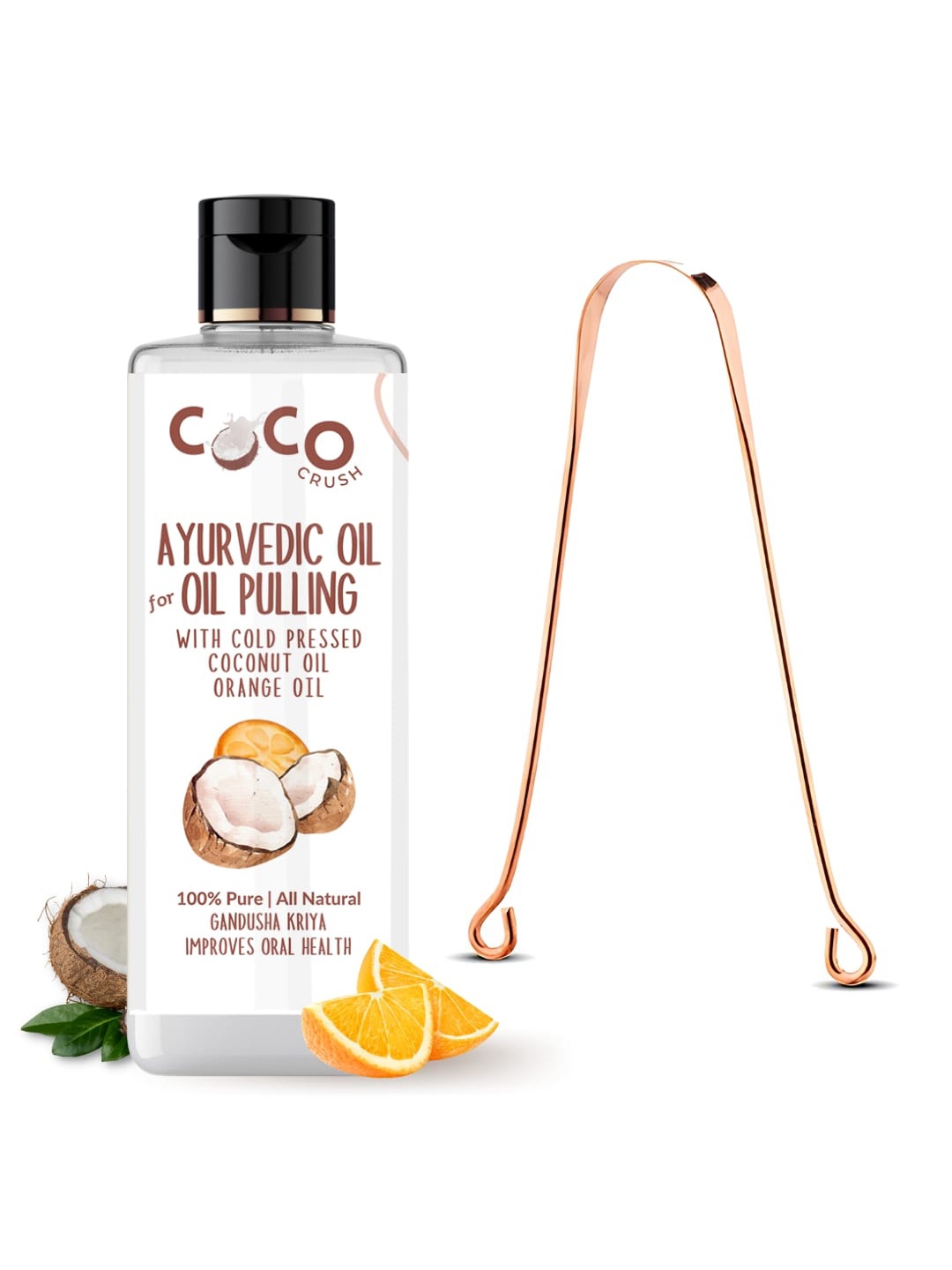 

Coco Crush Ayurvedic Coconut & Orange Oil For Oil Pulling With Copper Tongue Cleaner -50ml, Transparent