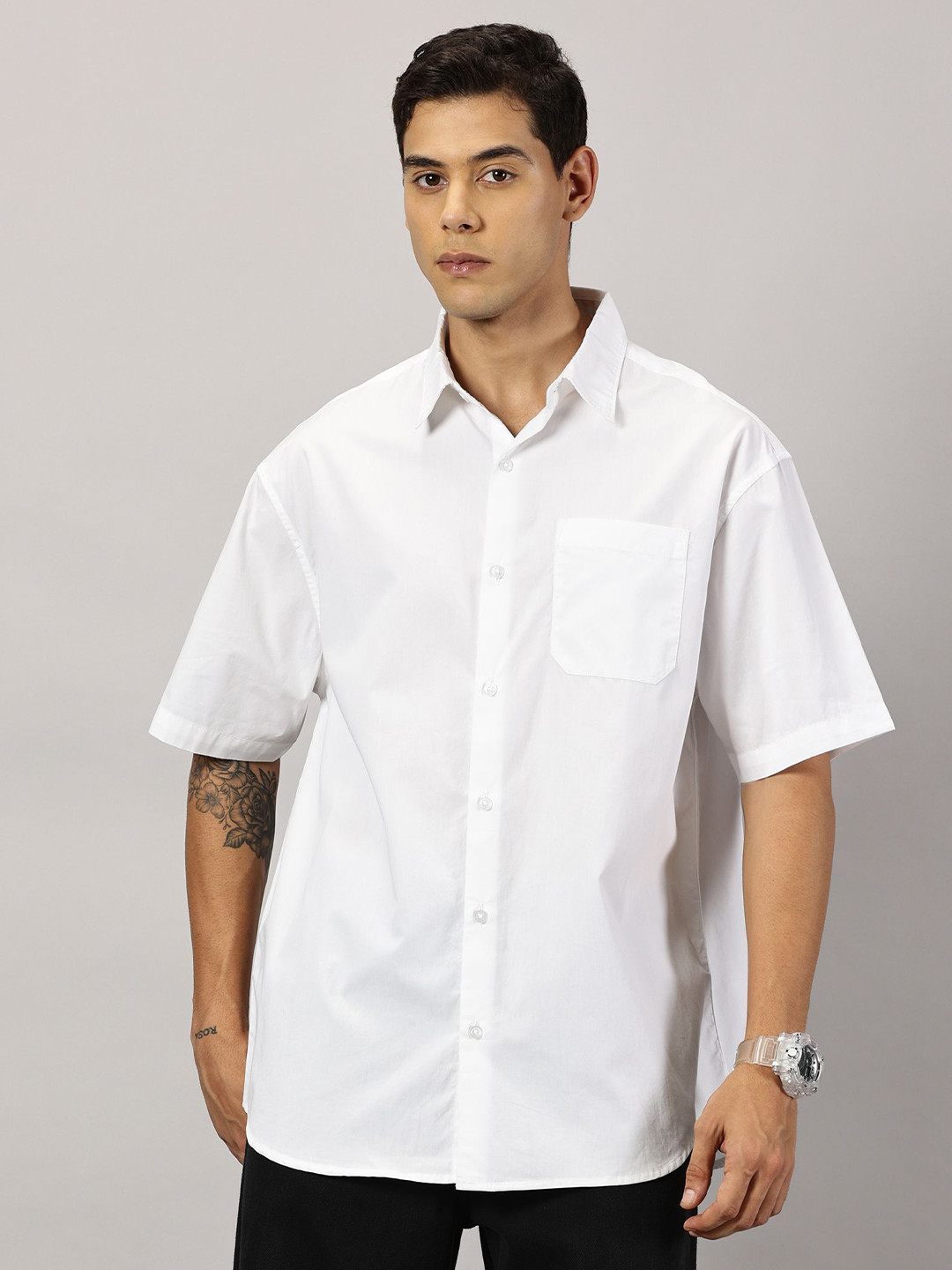 

THIRD QUADRANT Men Relaxed Spread Collar Solid Cotton Oversized Casual Shirt, White