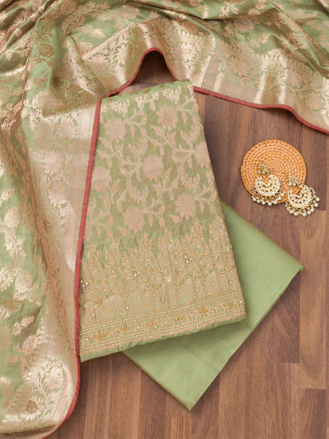 

Koskii Floral Woven Design Beads and Stones Unstitched Dress Material, Green