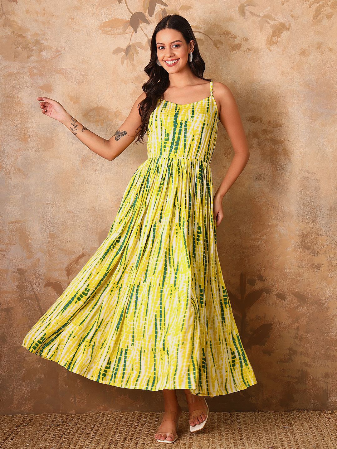 

Gujari Tie and Dye Print A-Line Midi Dress, Lime green