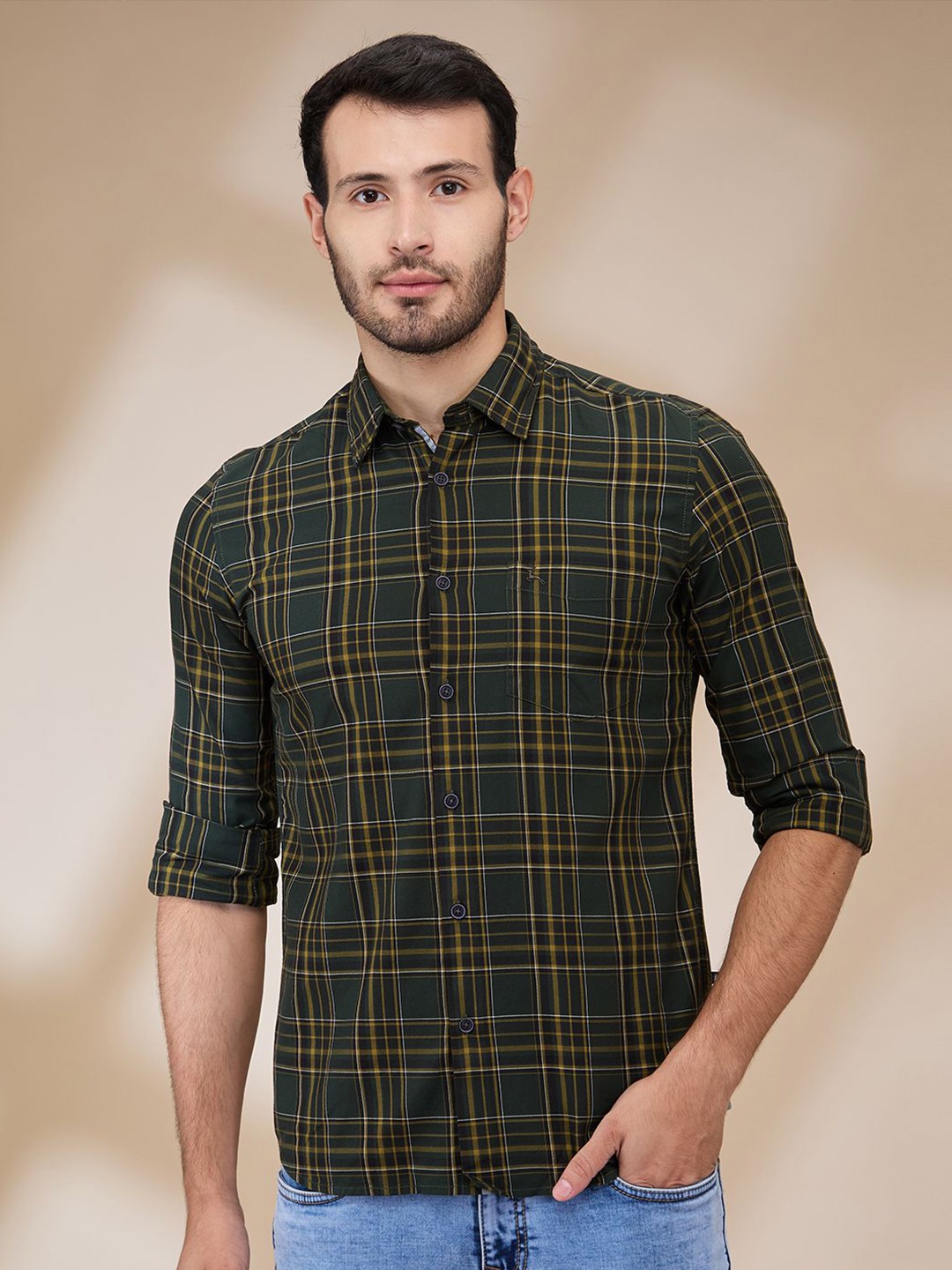 

Parx Men Spread Collar Tartan Checked Cotton Slim Fit Casual Shirt, Green