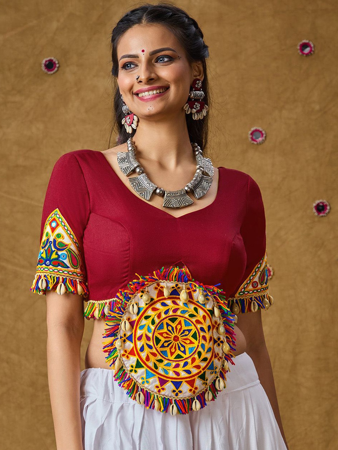 

SALWAR STUDIO Cotton Embroidered Sweetheart Neck Padded Crop Top, Maroon