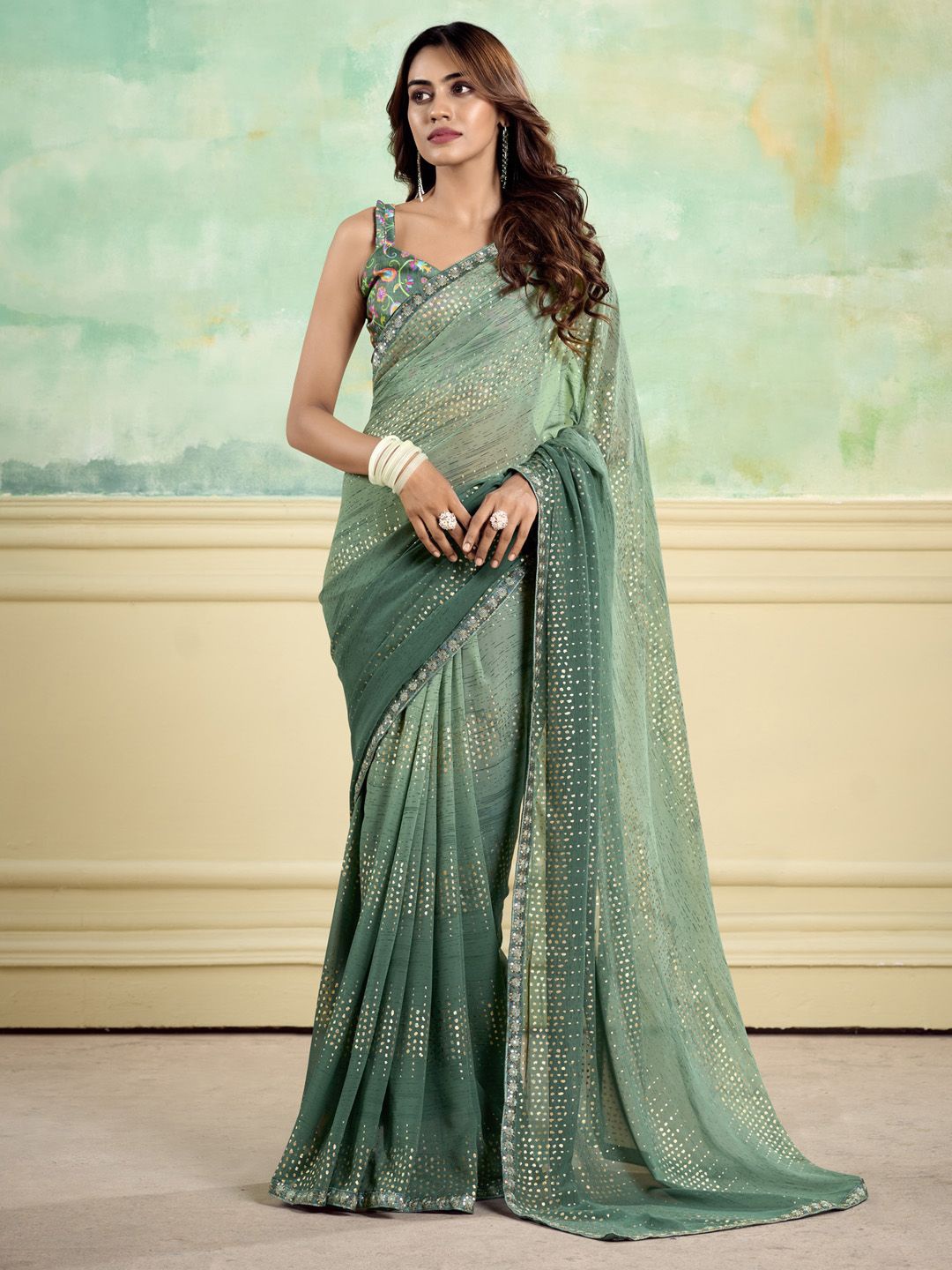 

Anouk Embroidered Party Wear Saree with Blouse Piece, Green